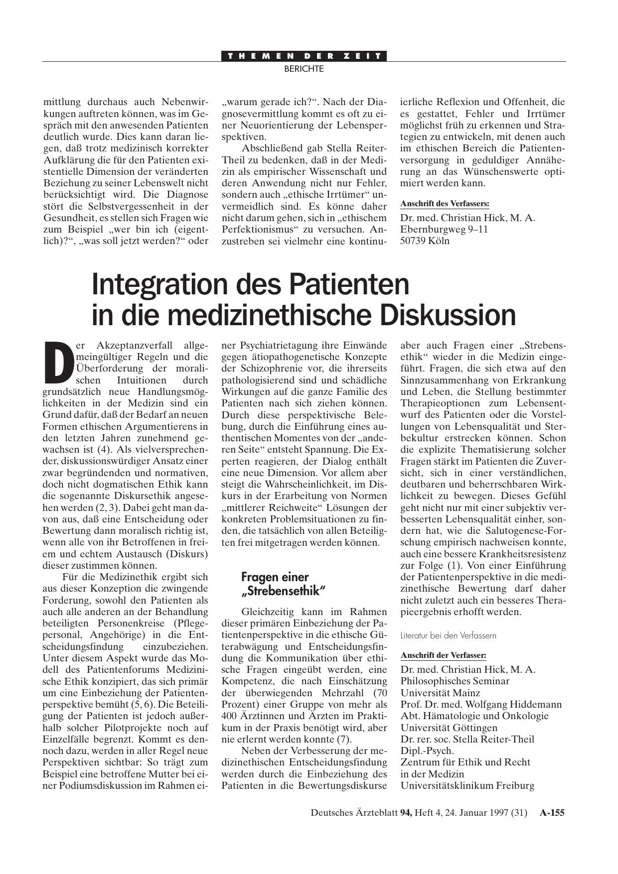 Vorschauseite 1: Integration des Patientenin die medizinethische Diskussion