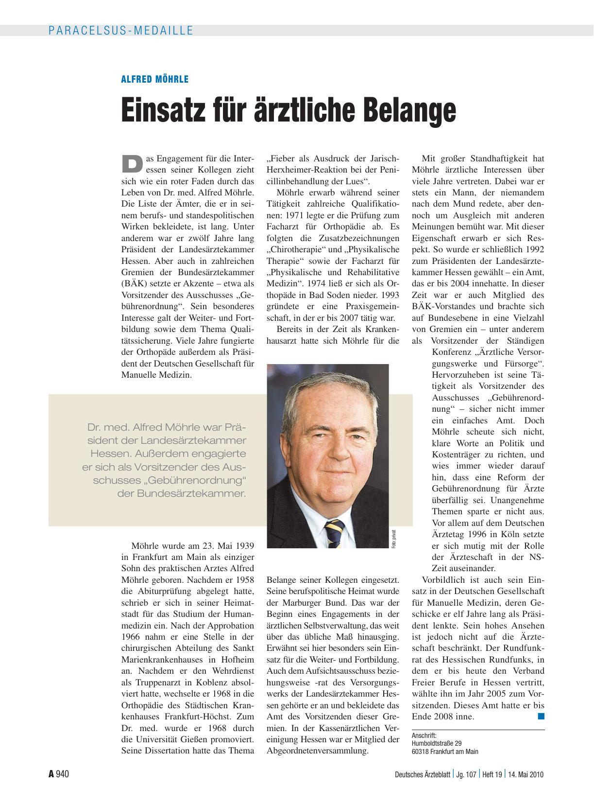 Vorschauseite 1: Alfred Möhrle: Einsatz für ärztliche Belange