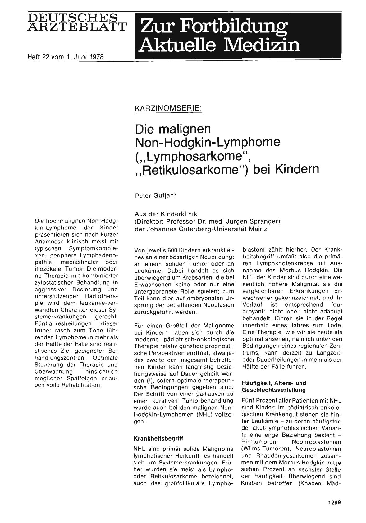 Vorschauseite 1: Karzinomserie: Die malignen Non-Hodgkin-Lymphome („Lymphosarkome“, „Retikulosarkome“) bei Kindern