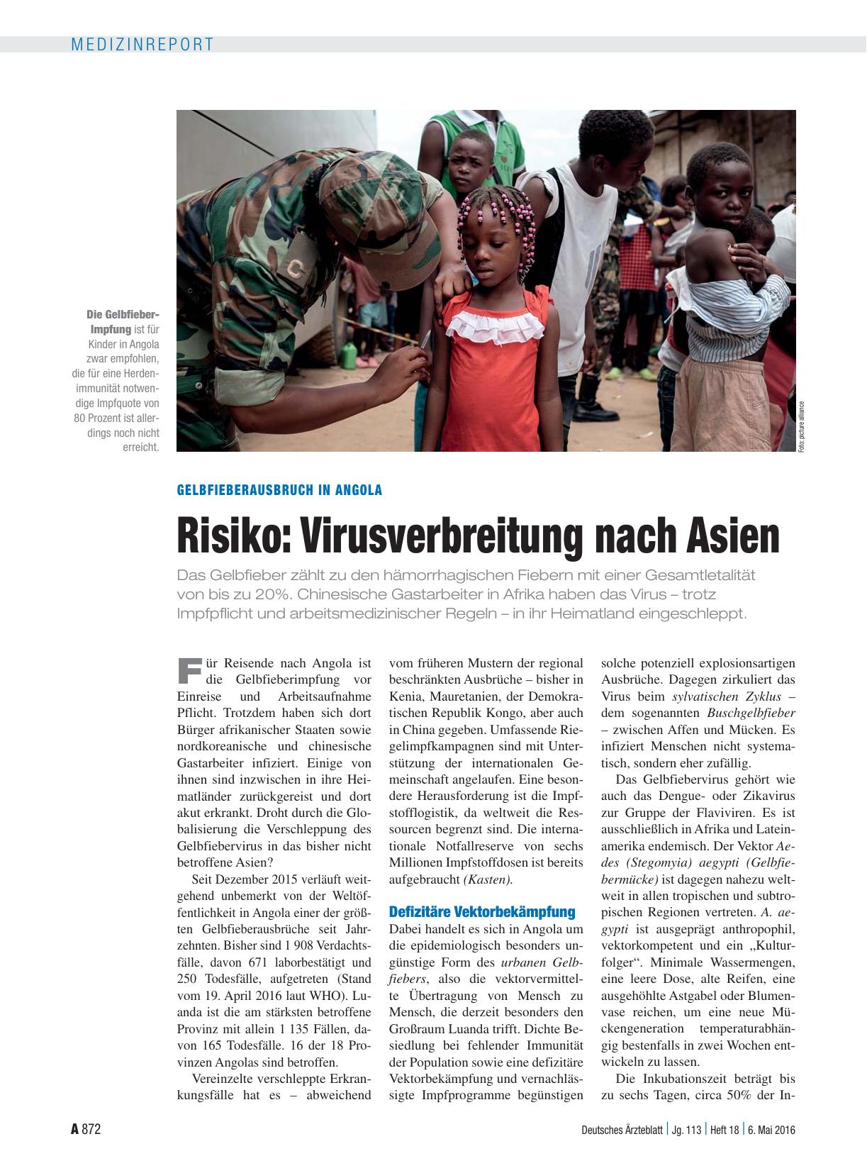 Vorschauseite 1: Gelbfieberausbruch in Angola: Risiko: Virusverbreitung nach Asien