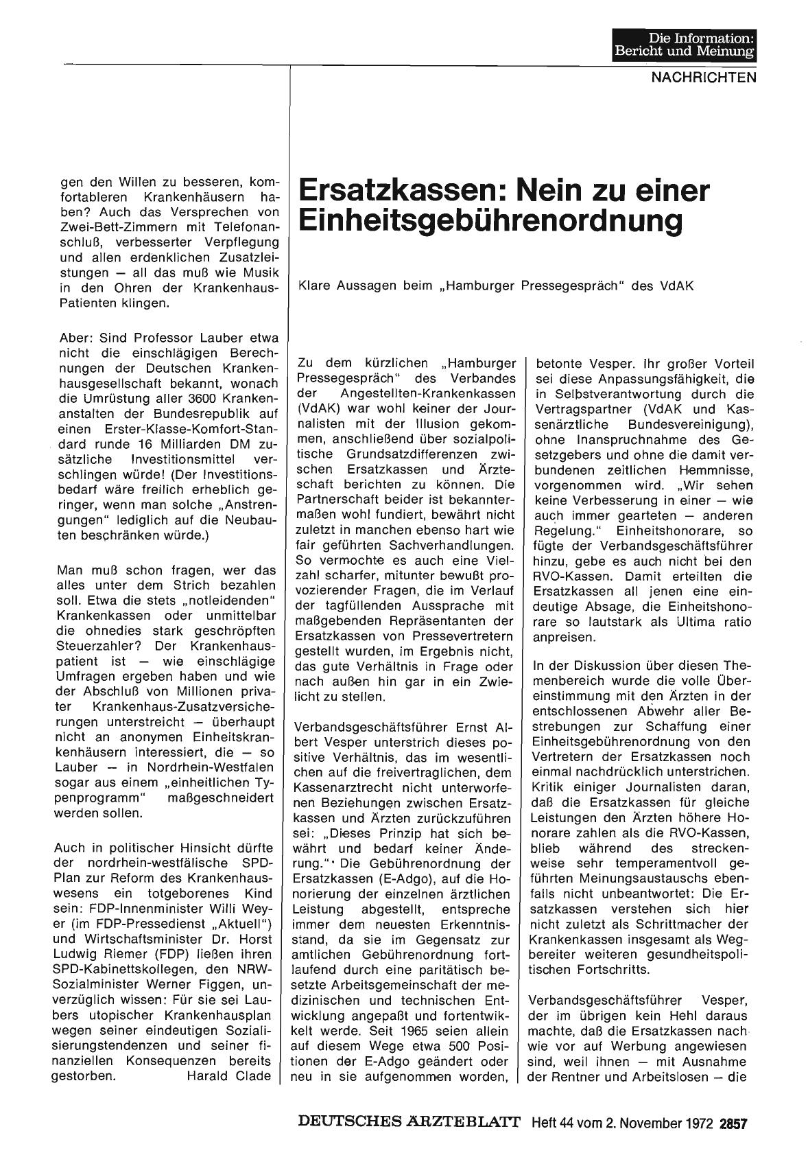Vorschauseite 1: Ersatzkassen: Nein zu einer Einheitsgebührenordnung: Klare Aussagen beim „Hamburger Pressegespräch" des VdAK