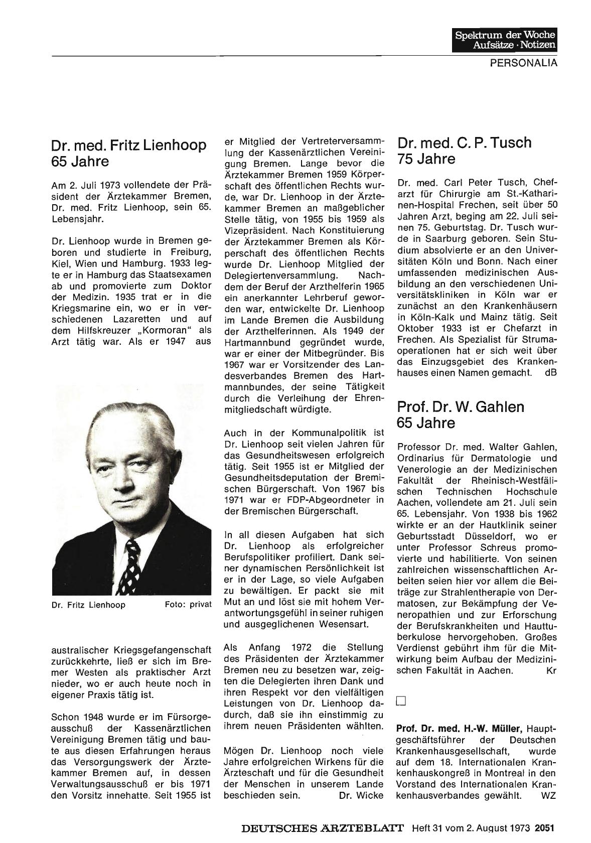 Vorschauseite 1: Dr. med. C. P. Tusch 75 Jahre