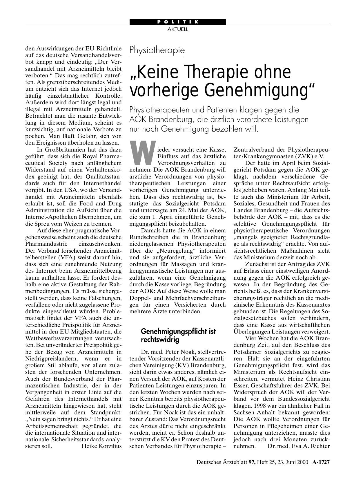Vorschauseite 1: Physiotherapie: „Keine Therapie ohne vorherige Genehmigung“
