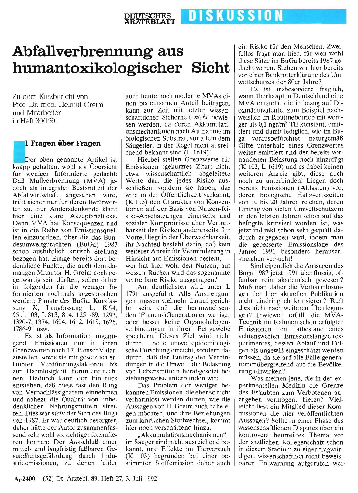 Vorschauseite 1: Abfallverbrennung aus humantoxikologischer Sicht: 1 Fragen über Fragen