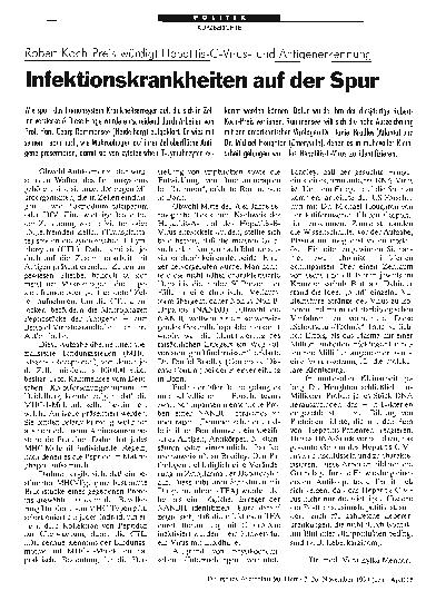 Vorschauseite 1: Robert-Koch-Preis würdigt Hepatitis-C-Virusund Antigenerkennung: Infektionskrankheiten auf der Spur