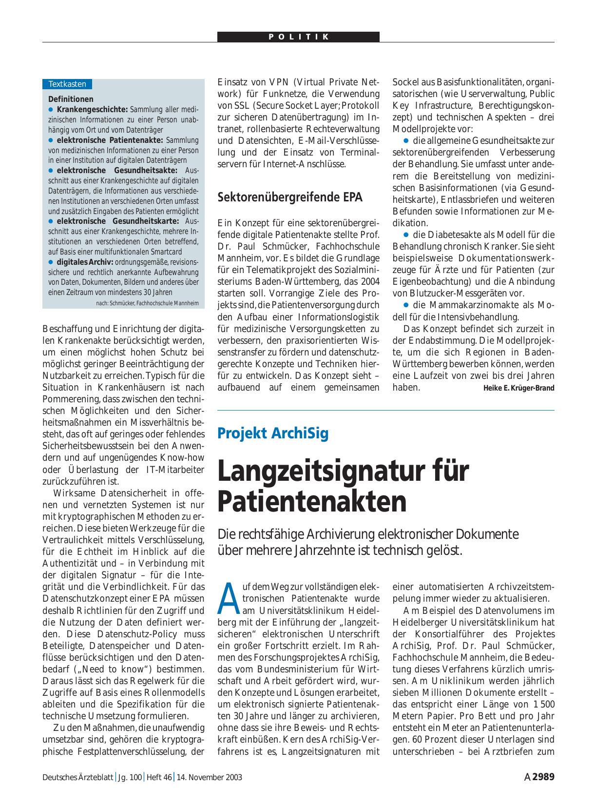 Vorschauseite 1: Projekt ArchiSig: Langzeitsignatur für Patientenakten