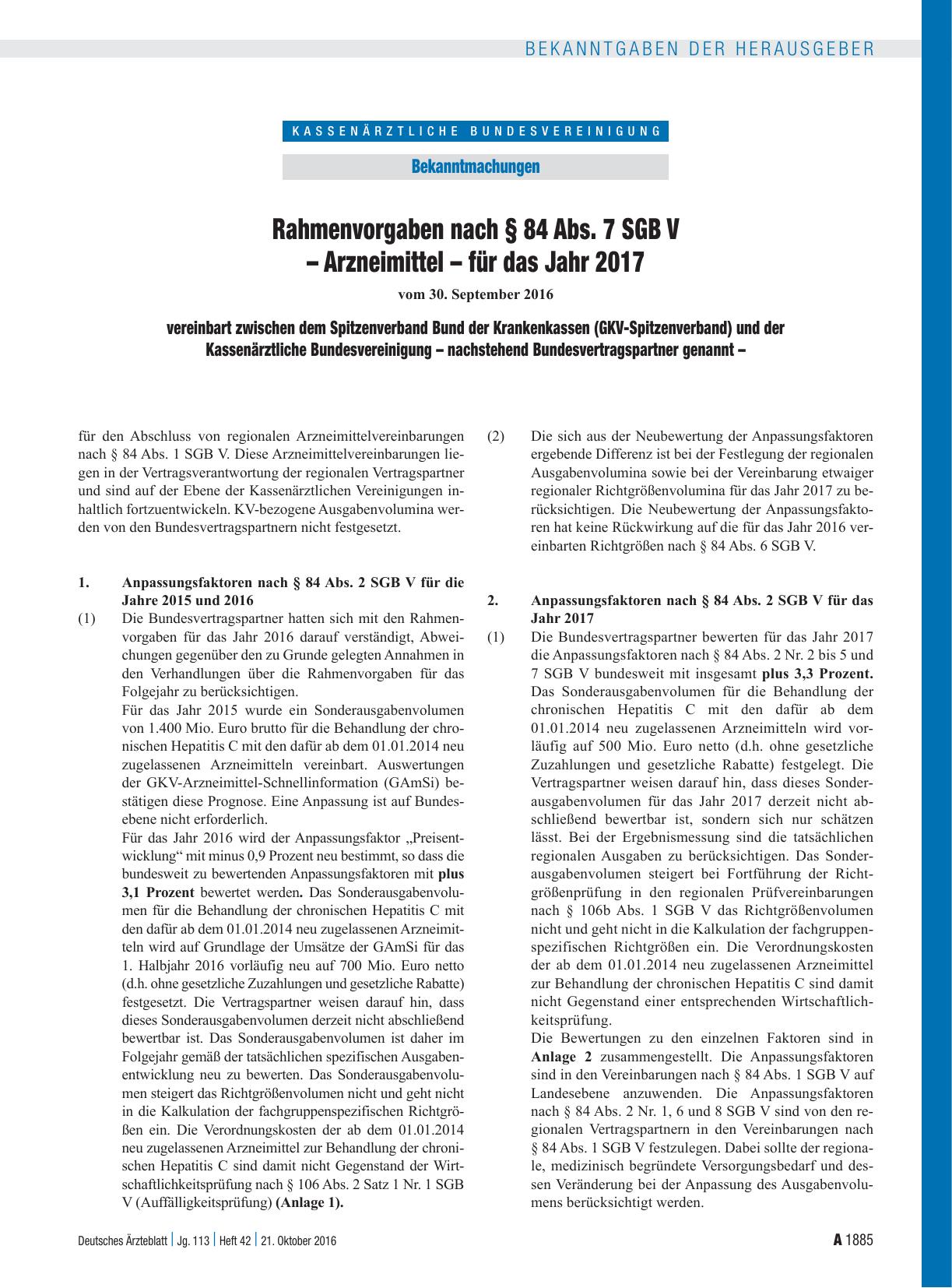 Vorschauseite 1: Rahmenvorgaben nach § 84 Abs. 7 SGB V – Arzneimittel – für das Jahr 2017