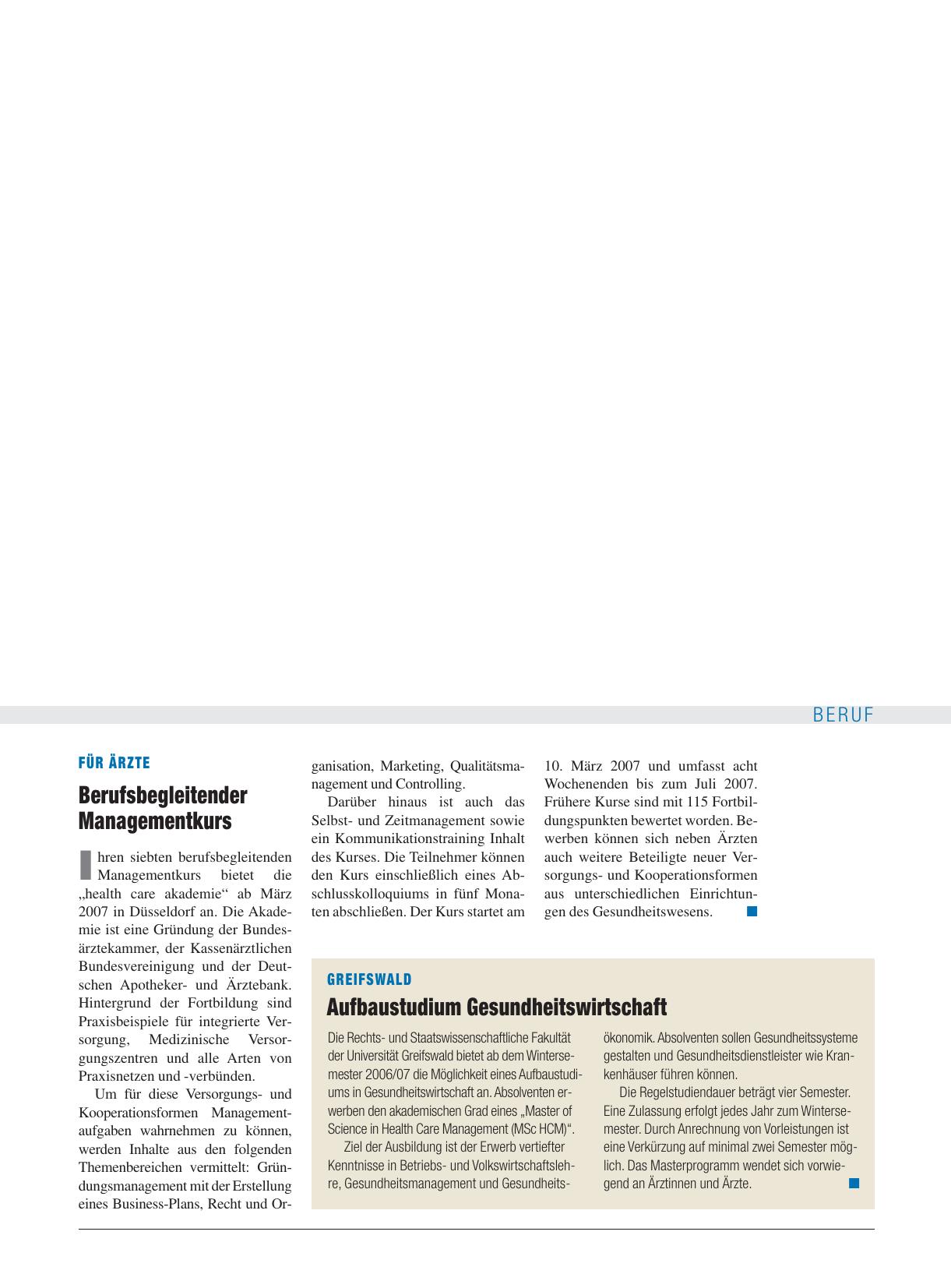 Vorschauseite 1: Greifswald: Aufbaustudium Gesundheitswirtschaft