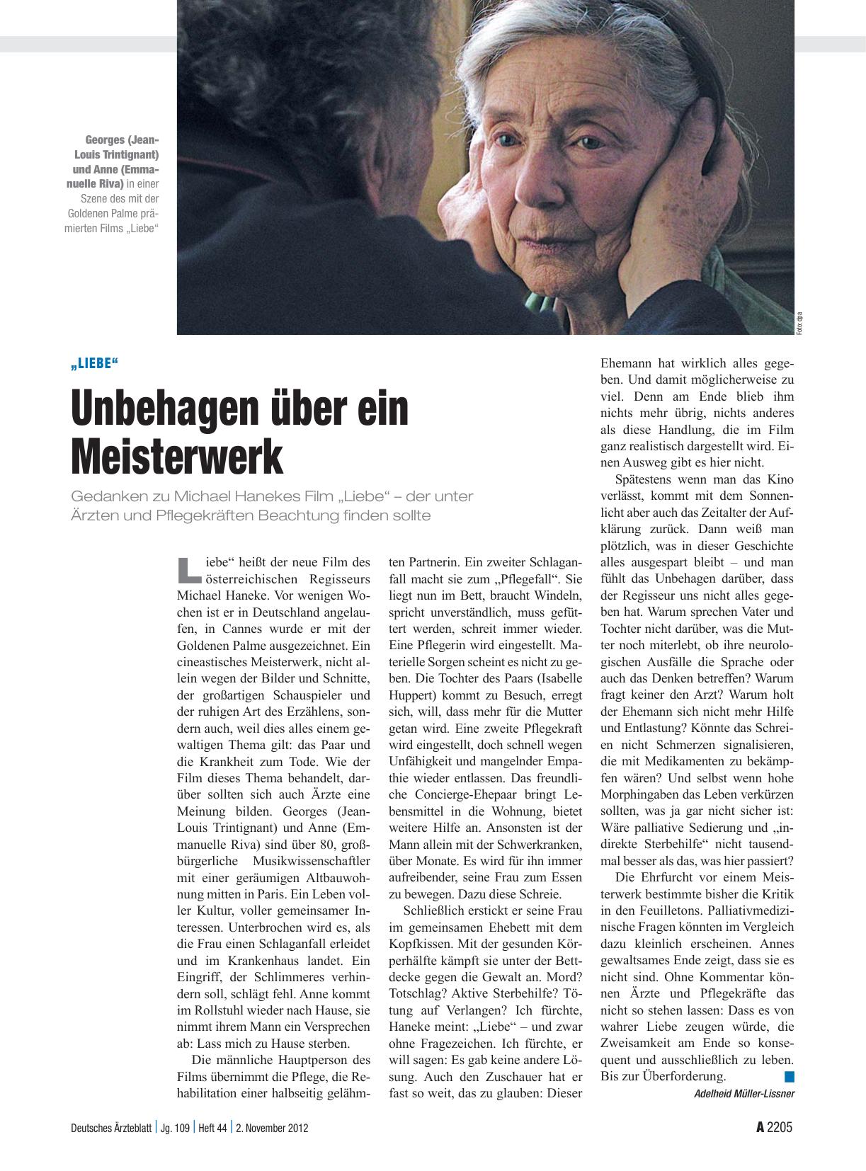 Vorschauseite 1: „Liebe“: Unbehagen über ein Meisterwerk
