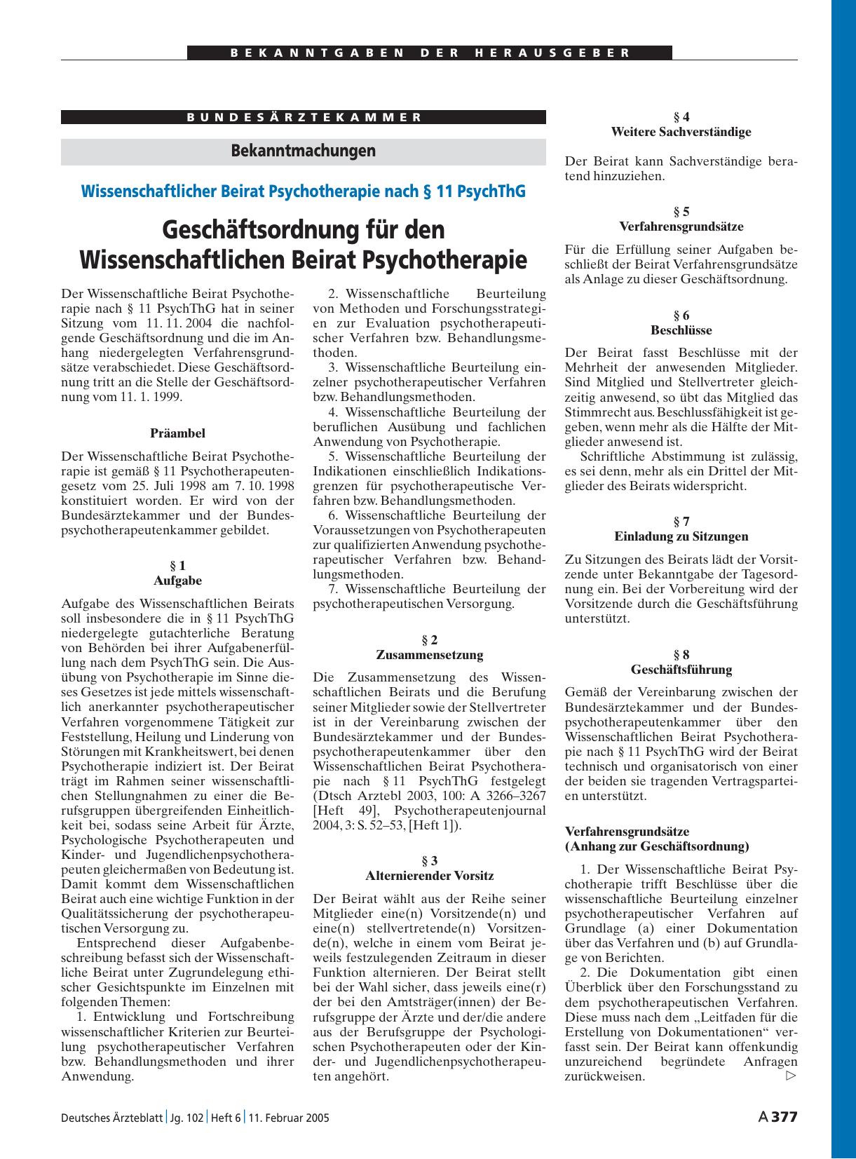 Vorschauseite 1: Wissenschaftlicher Beirat Psychotherapie nach § 11 PsychThG: Geschäftsordnung für den Wissenschaftlichen Beirat Psychotherapie