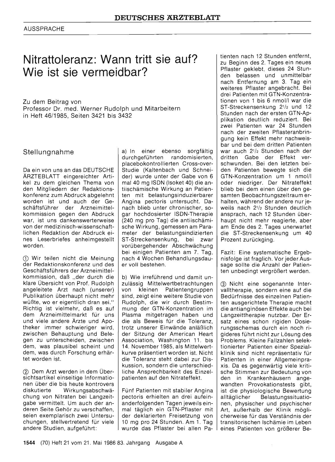 Vorschauseite 1: Nitrattoleranz: Wann tritt sie auf? Wie ist sie vermeidbar? : Stellungnahme