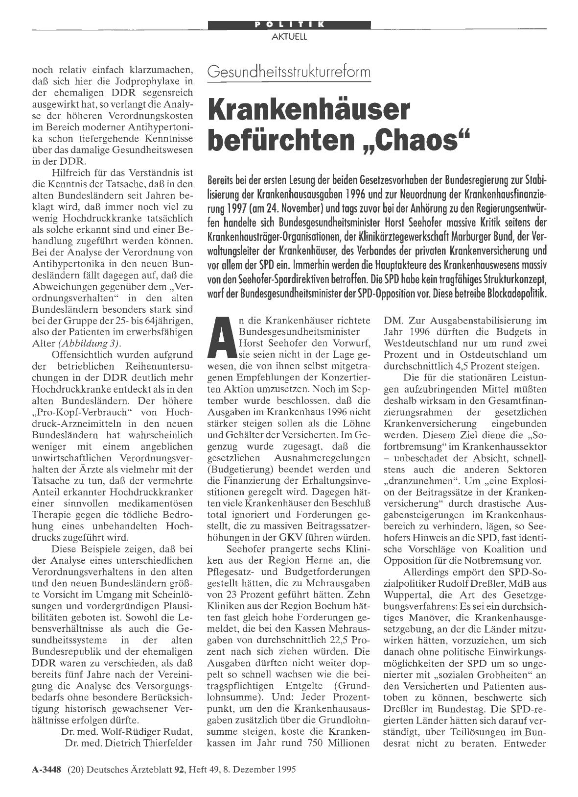 Vorschauseite 1: Gesundheitsstrukturreform: Krankenhäuser befürchten „Chaos“