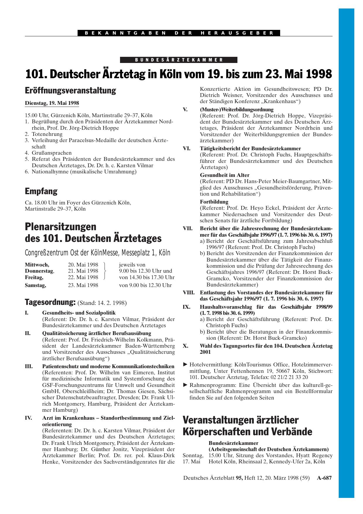 Vorschauseite 1: 101. Deutscher Ärztetag in Köln vom 19. bis zum 23. Mai 1998