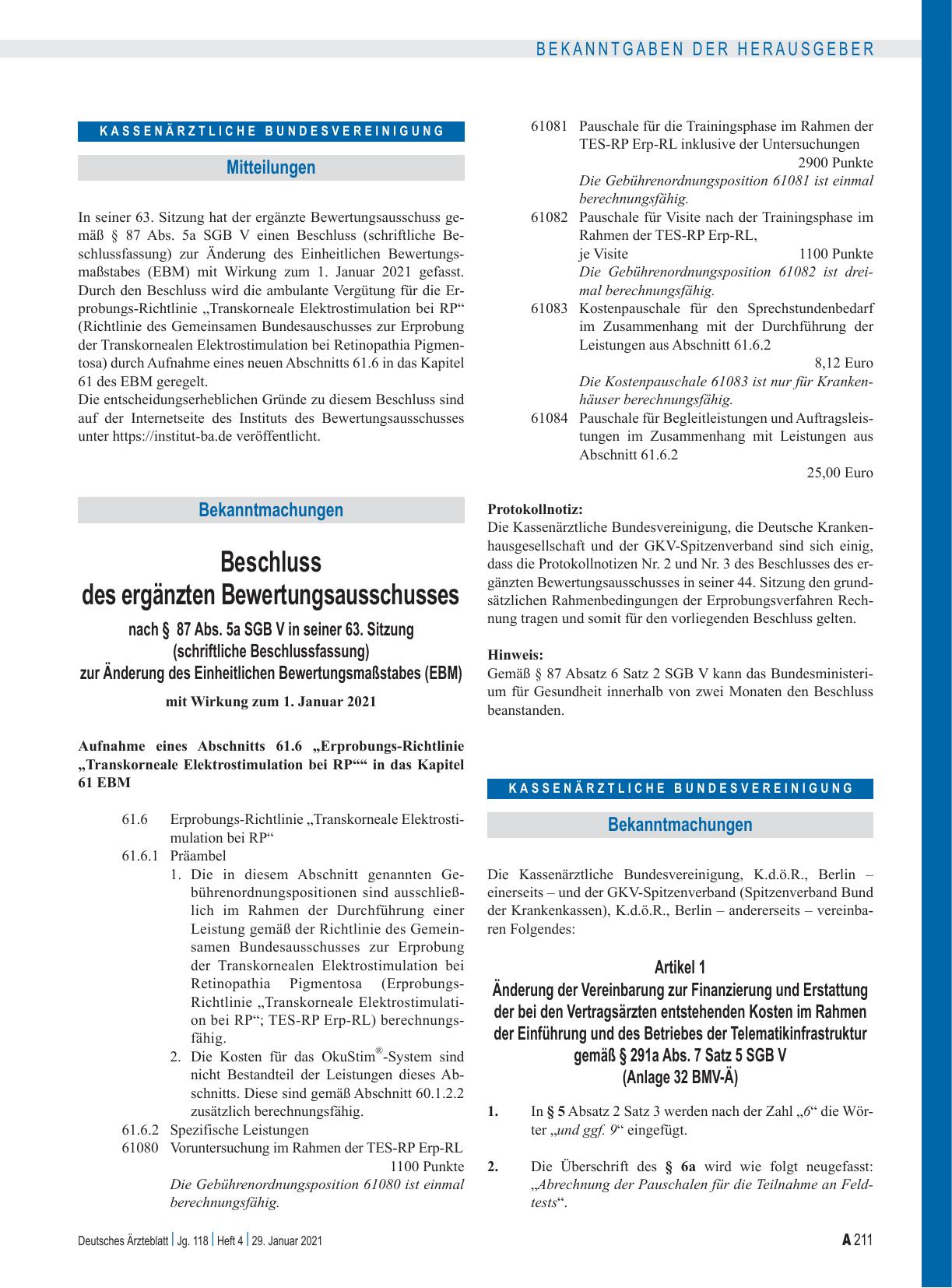 Vorschauseite 1: Änderung der Vereinbarung zur Finanzierung und Erstattung der bei den Vertragsärzten entstehenden Kosten im Rahmen der Einführung und des Betriebes der Telematikinfrastruktur gemä…