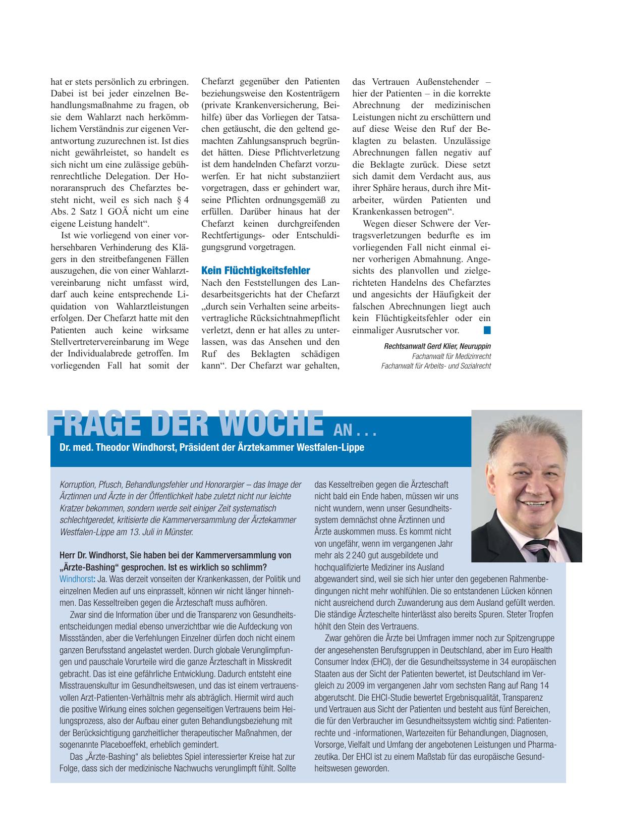 Vorschauseite 1: Frage der Woche an. .. Dr. med. Theodor Windhorst, Präsident der Ärztekammer Westfalen-Lippe