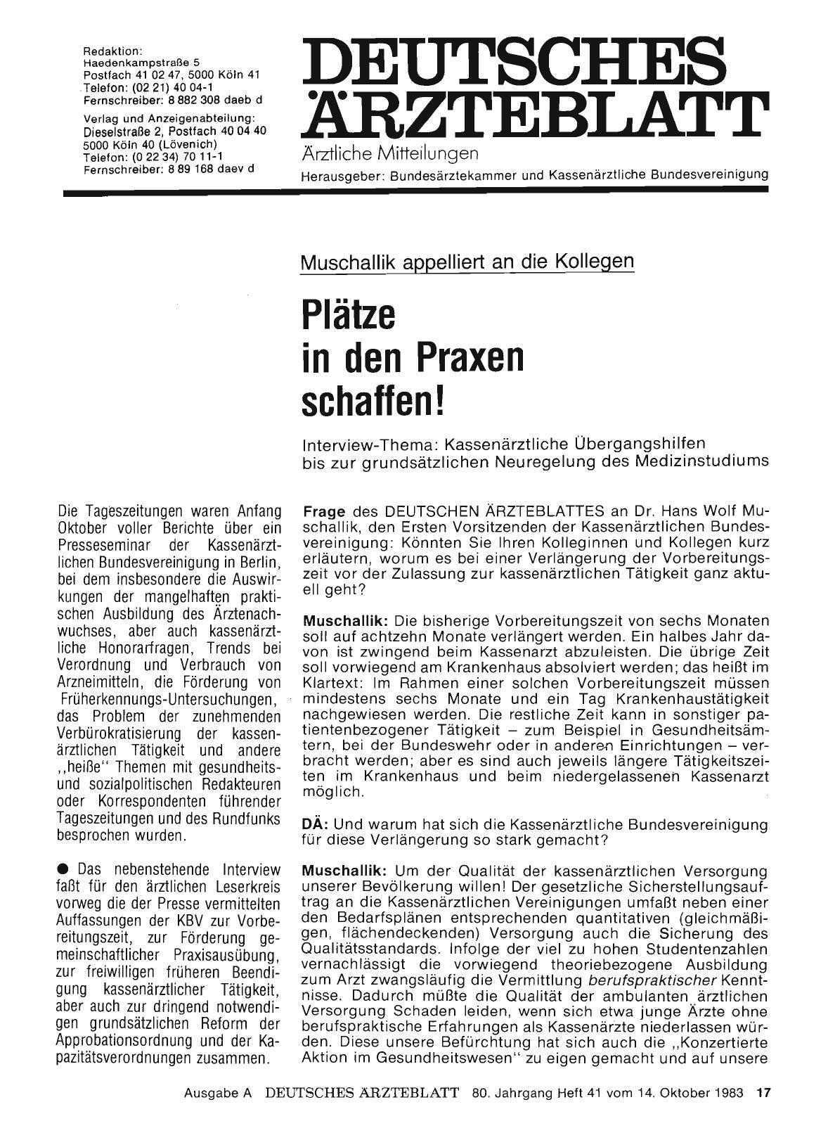 Vorschauseite 1: Muschallik appelliert an die Kollegen: Plätze in den Praxen schaffen!