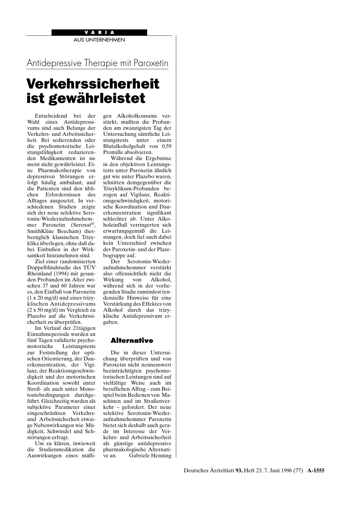 Vorschauseite 1: Antidepressive Therapie mit Paroxetin: Verkehrssicherheit ist gewährleistet