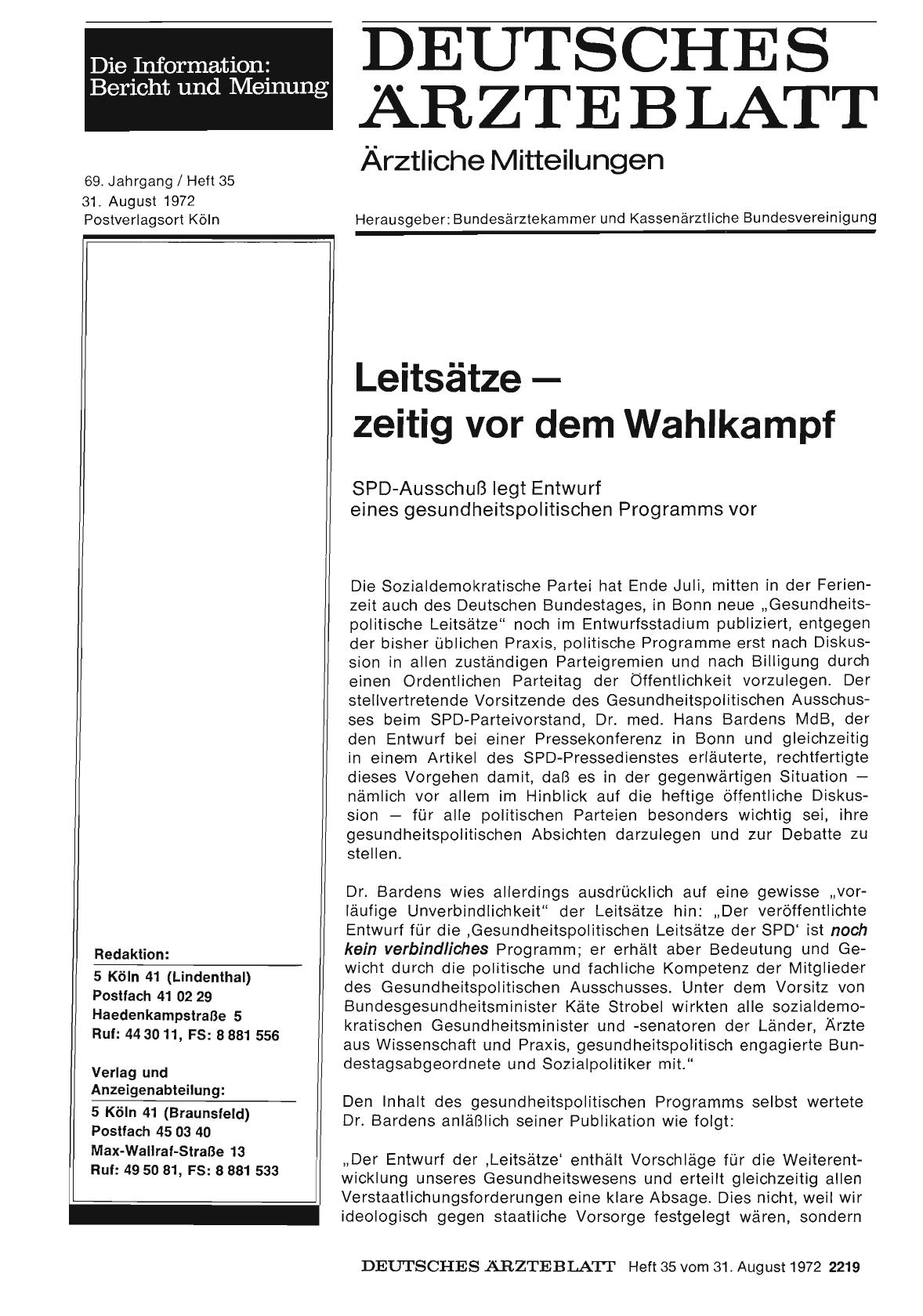 Vorschauseite 1: Leitsätze zeitig vor dem Wahlkampf: SPD-Ausschuß legt Entwurf eines gesundheitspolitischen Programms vor