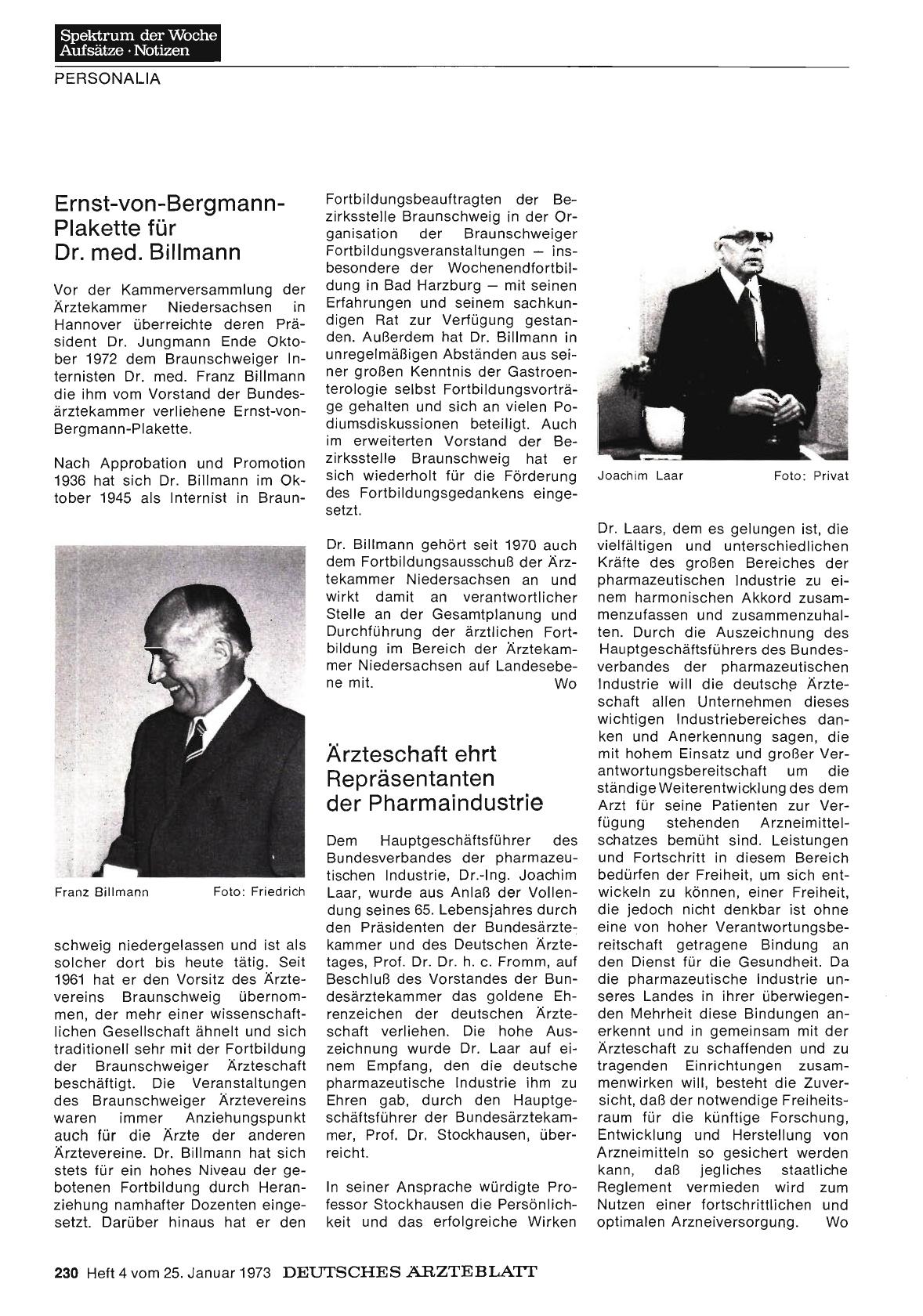 Vorschauseite 1: Ernst-von-Bergmann-Plakette für Dr. med. Billmann