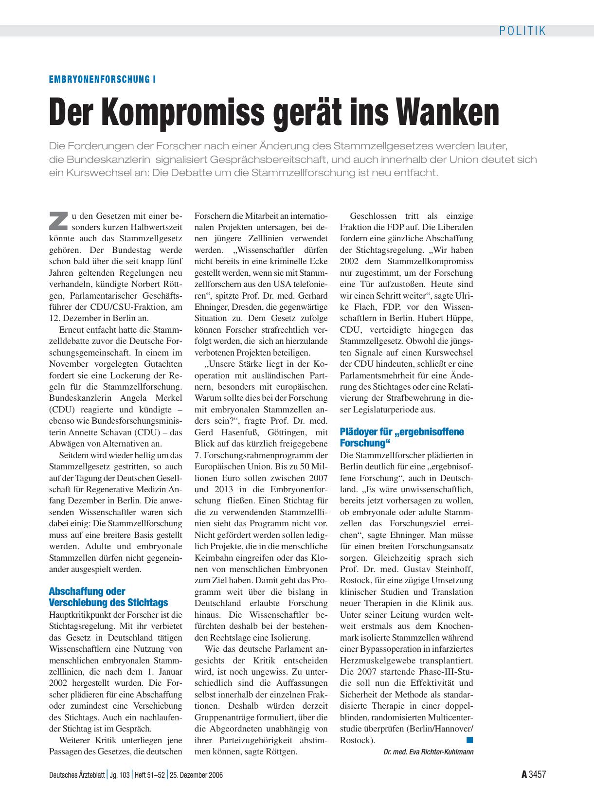 Vorschauseite 1: Embryonenforschung I: Der Kompromiss gerät ins Wanken