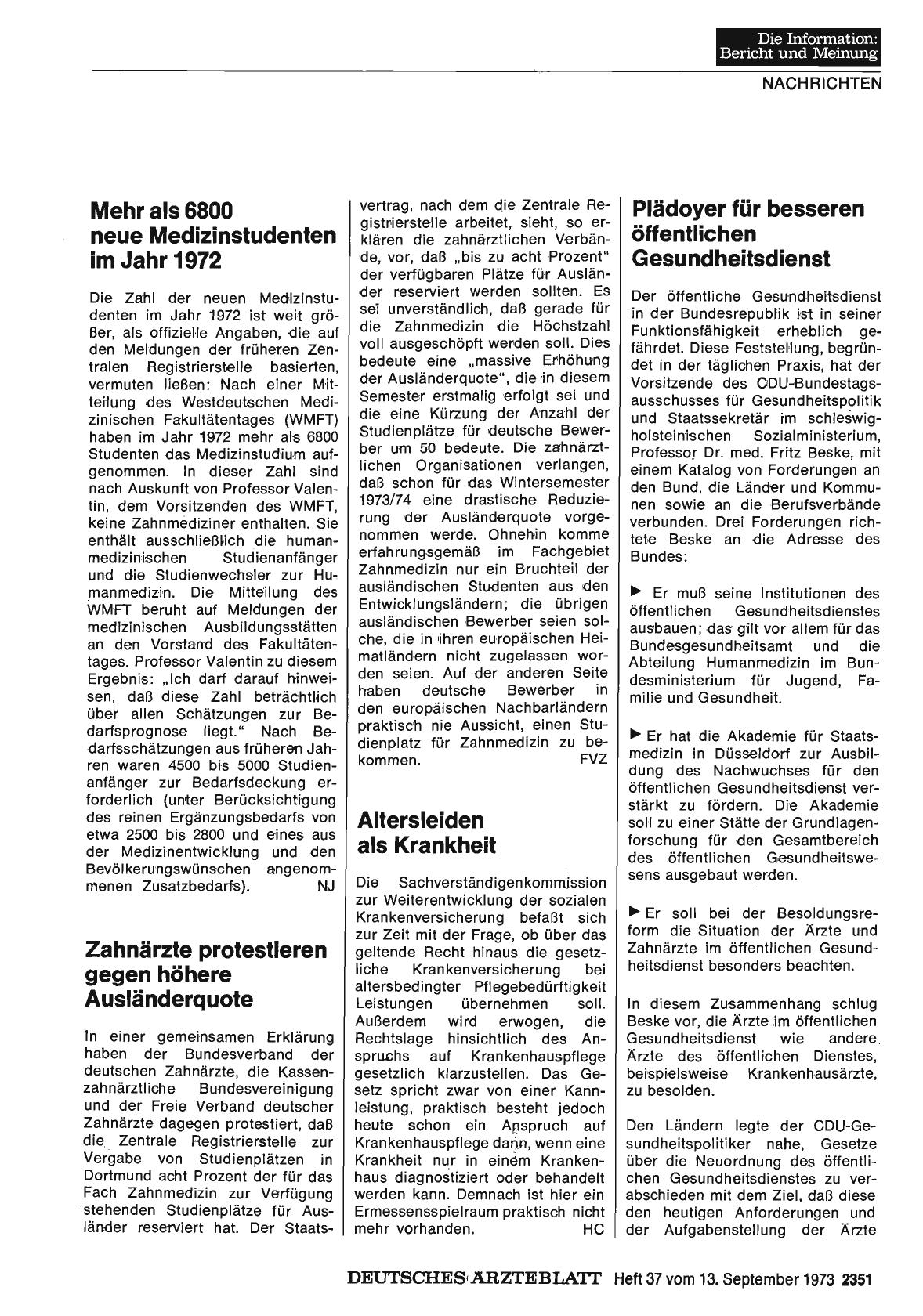 Vorschauseite 1: Mehr als 6800 neue Medizinstudenten im Jahr 1972