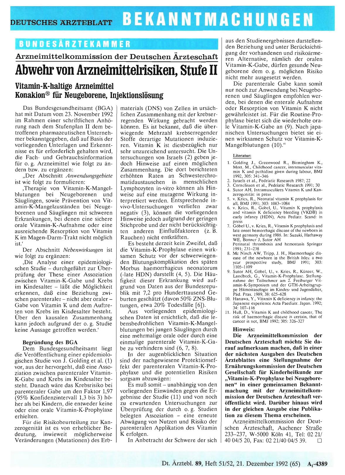Vorschauseite 1: Abwehr von Arzneimittelrisiken, Stufe II: Vitamin-K-haltige Arzneimittel Konakion® für Neugeborene, Injektionslösung