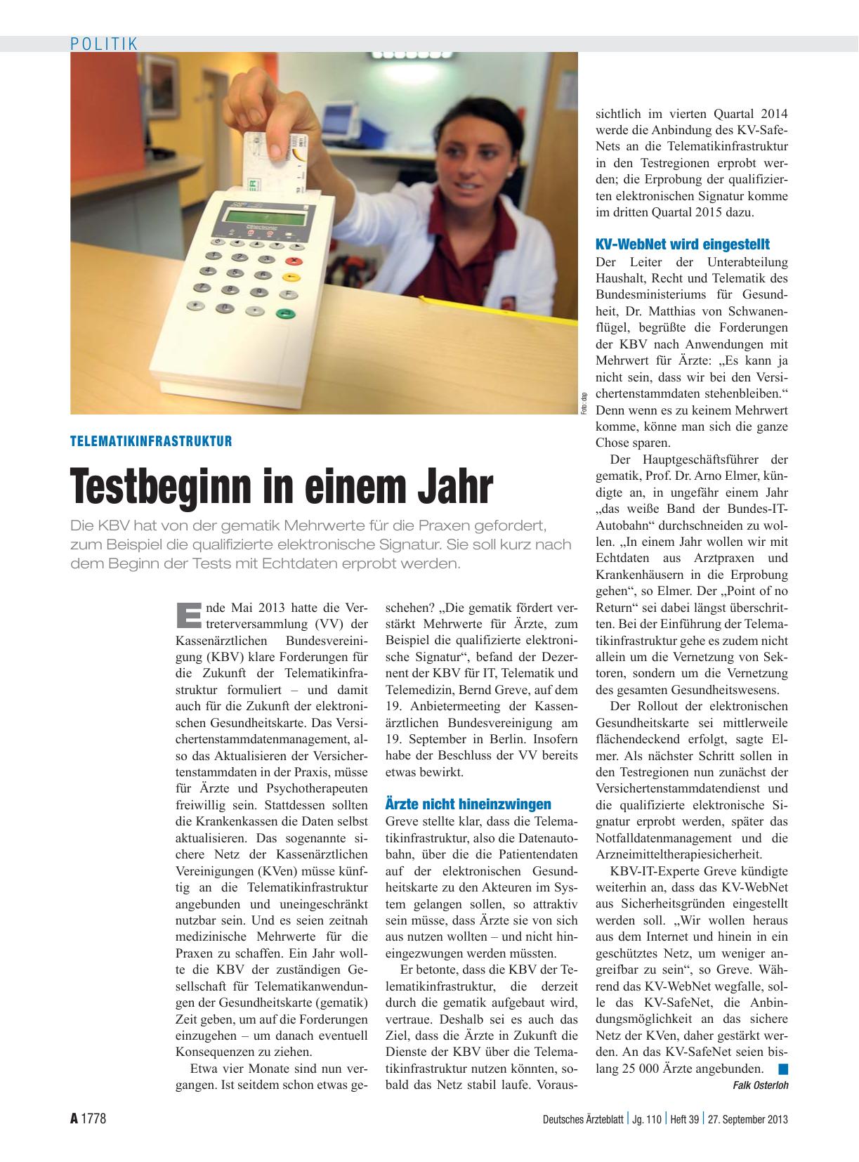 Vorschauseite 1: Telematikinfrastruktur: Testbeginn in einem Jahr