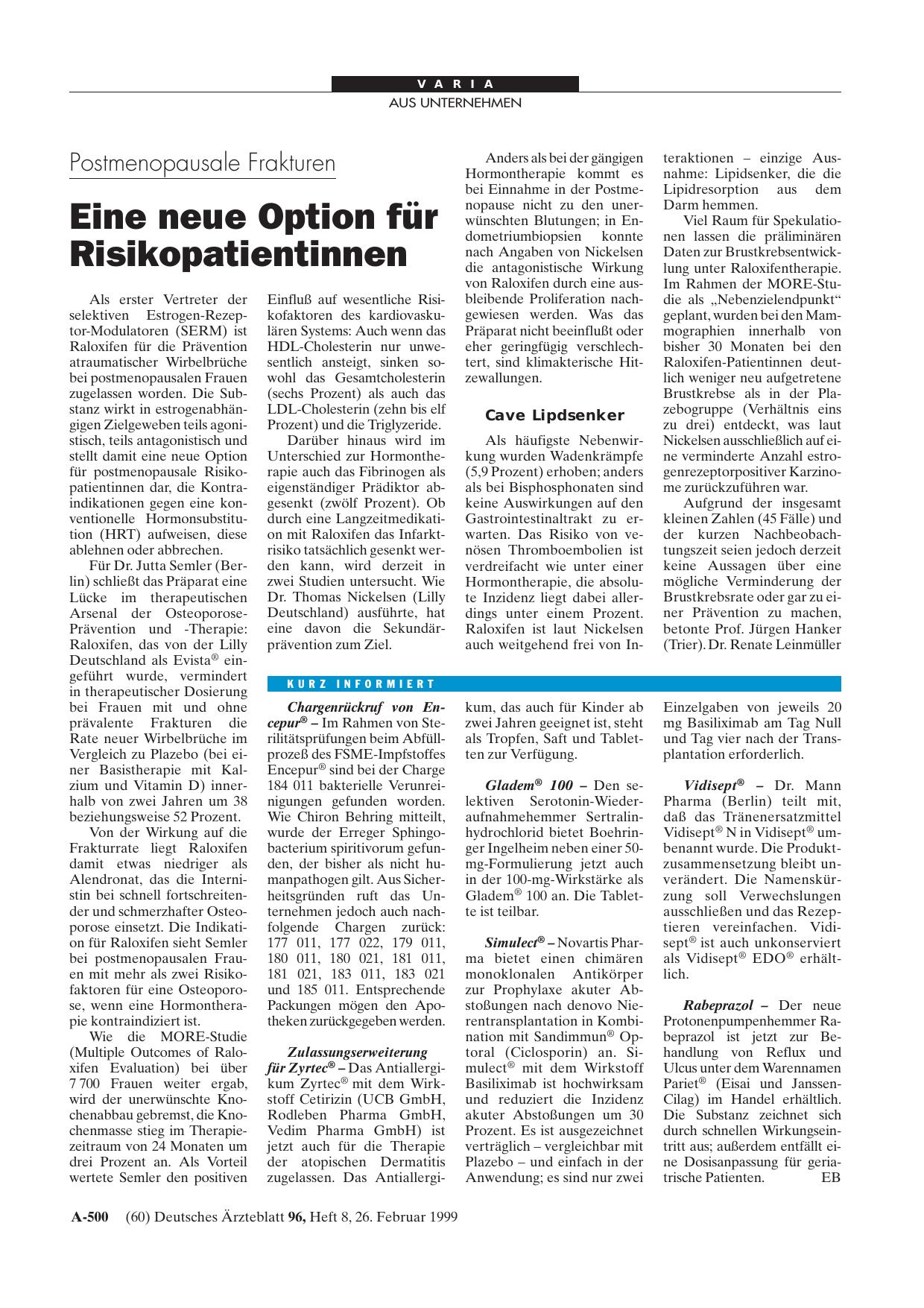 Vorschauseite 1: Postmenopausale Frakturen: Eine neue Option für Risikopatientinnen