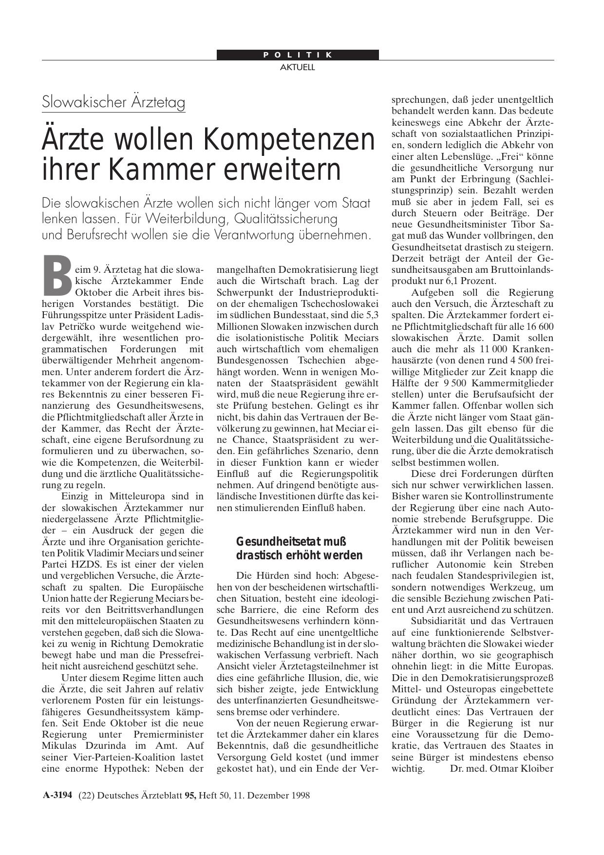 Vorschauseite 1: Slowakischer Ärztetag: Ärzte wollen Kompetenzen ihrer Kammer erweitern