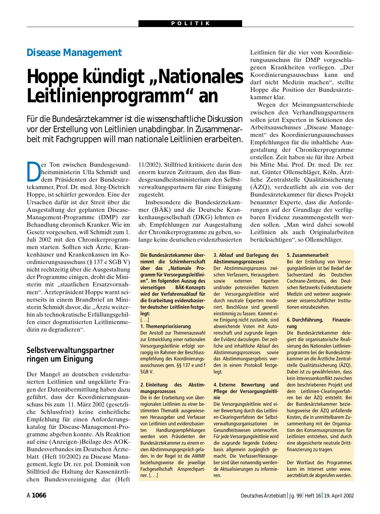 Vorschauseite 1: Disease Management: Hoppe kündigt „Nationales Leitlinienprogramm“ an