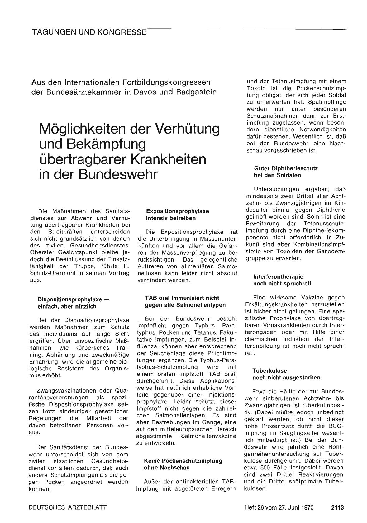 Vorschauseite 1: Aus den Internationalen Fortbildungskongressen der Bundesärztekammer in Davos und Badgastein: Möglichkeiten der Verhütung und Bekämpfung übertragbarer Krankheiten in der Bundesweh…
