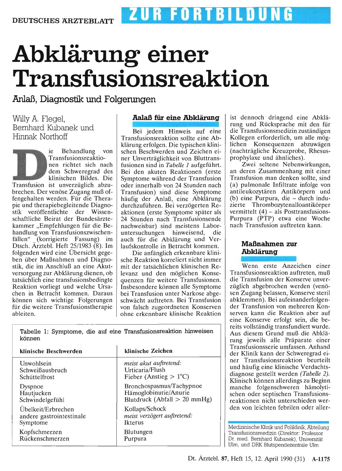 Vorschauseite 1: Abklärung einer Transfusionsreaktion: Anlaß, Diagnostik und Folgerungen