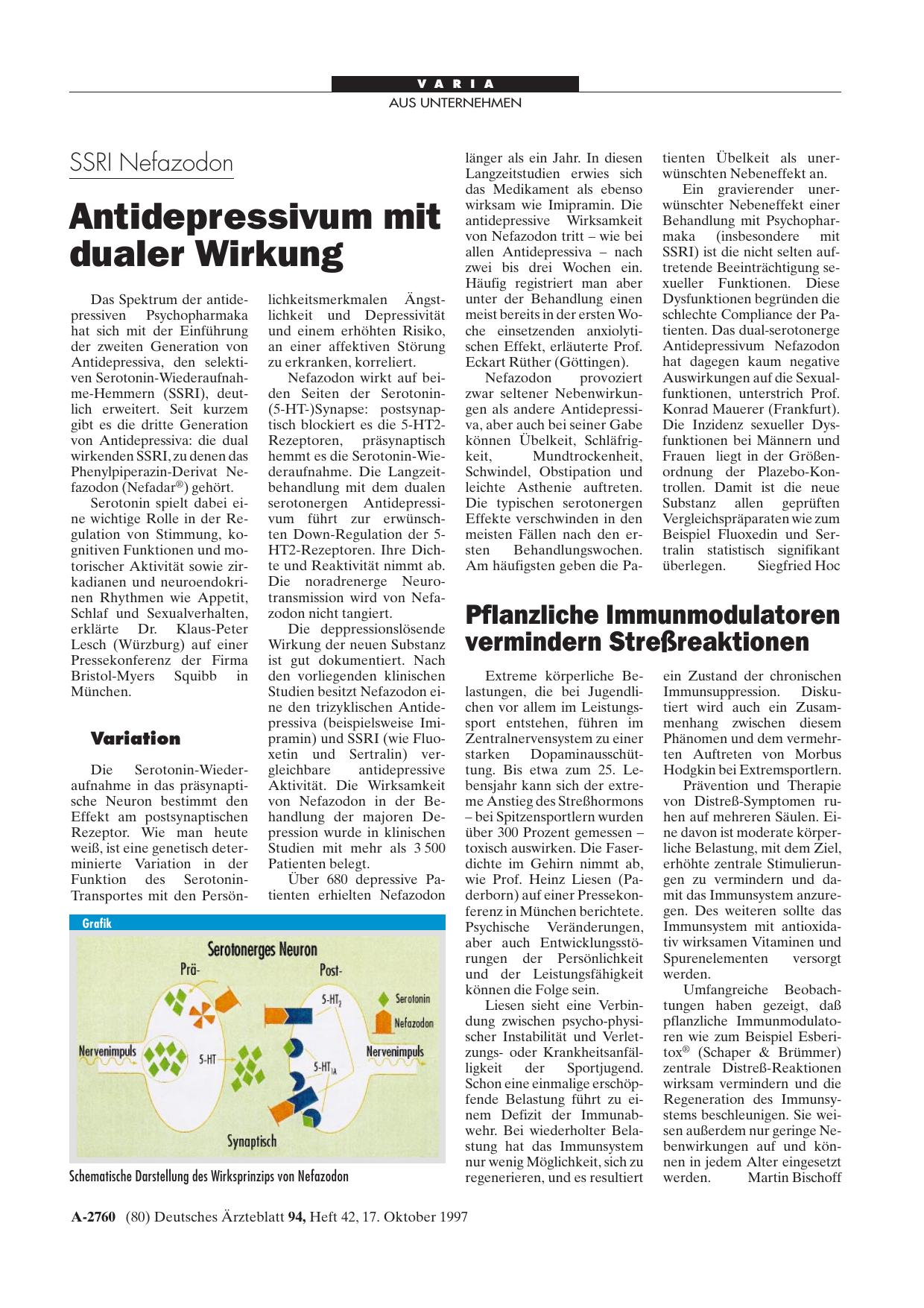 Vorschauseite 1: SSRI Nefazodon: Antidepressivum mit dualer Wirkung