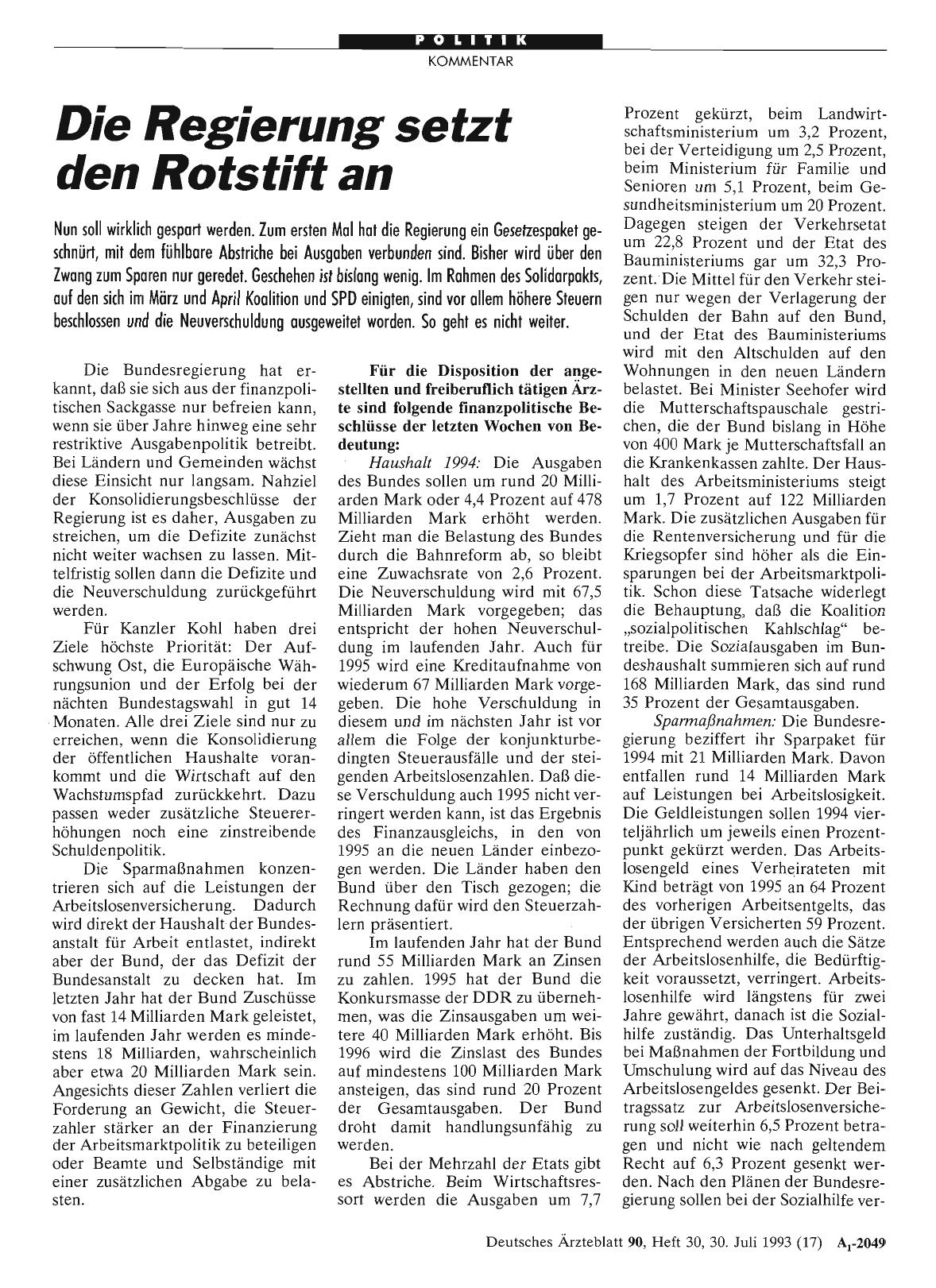 Vorschauseite 1: Die Regierung setzt den Rotstift an