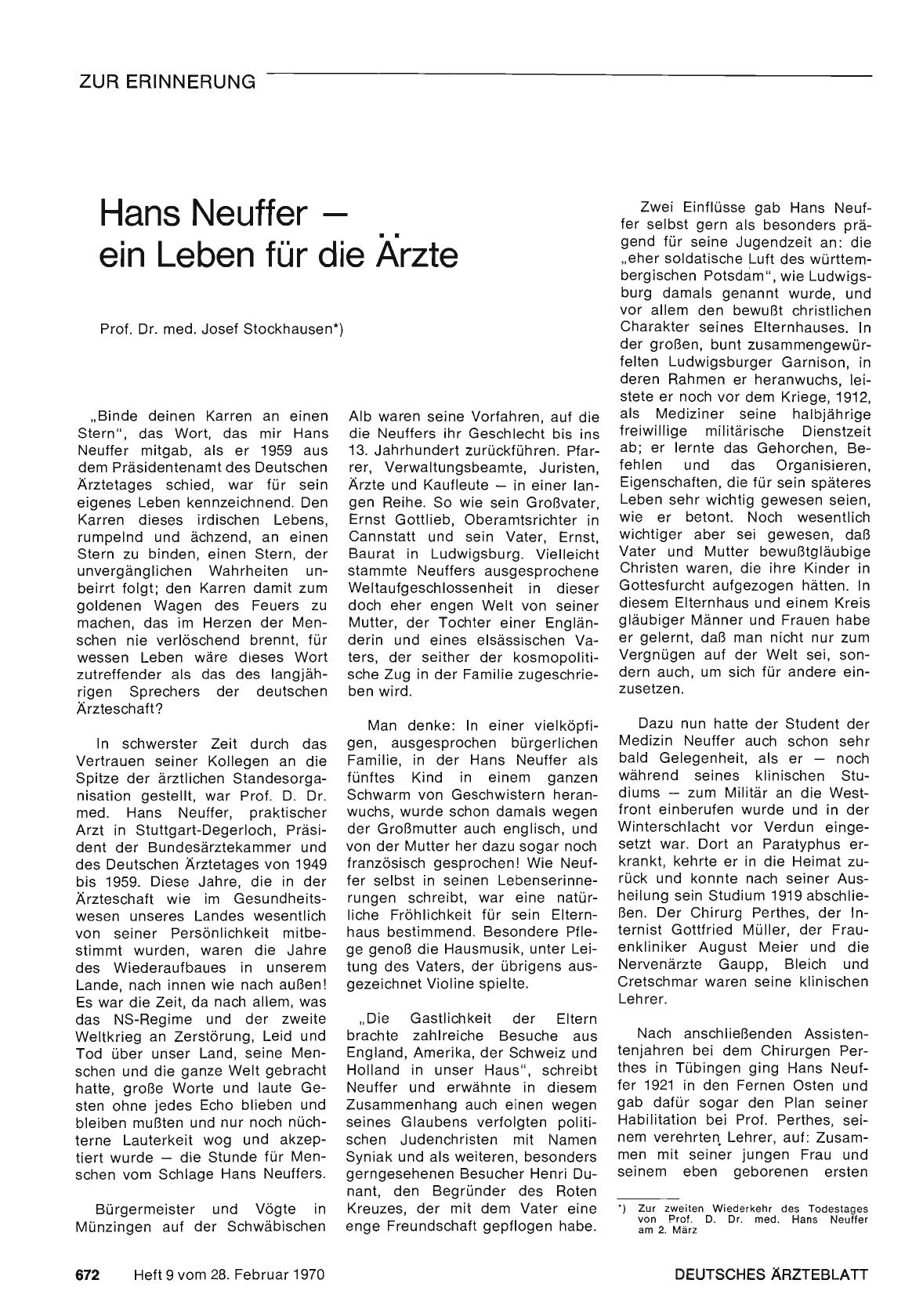Vorschauseite 1: Zur Erinnerung: Hans Neuffer — ein Leben für die Ärzte