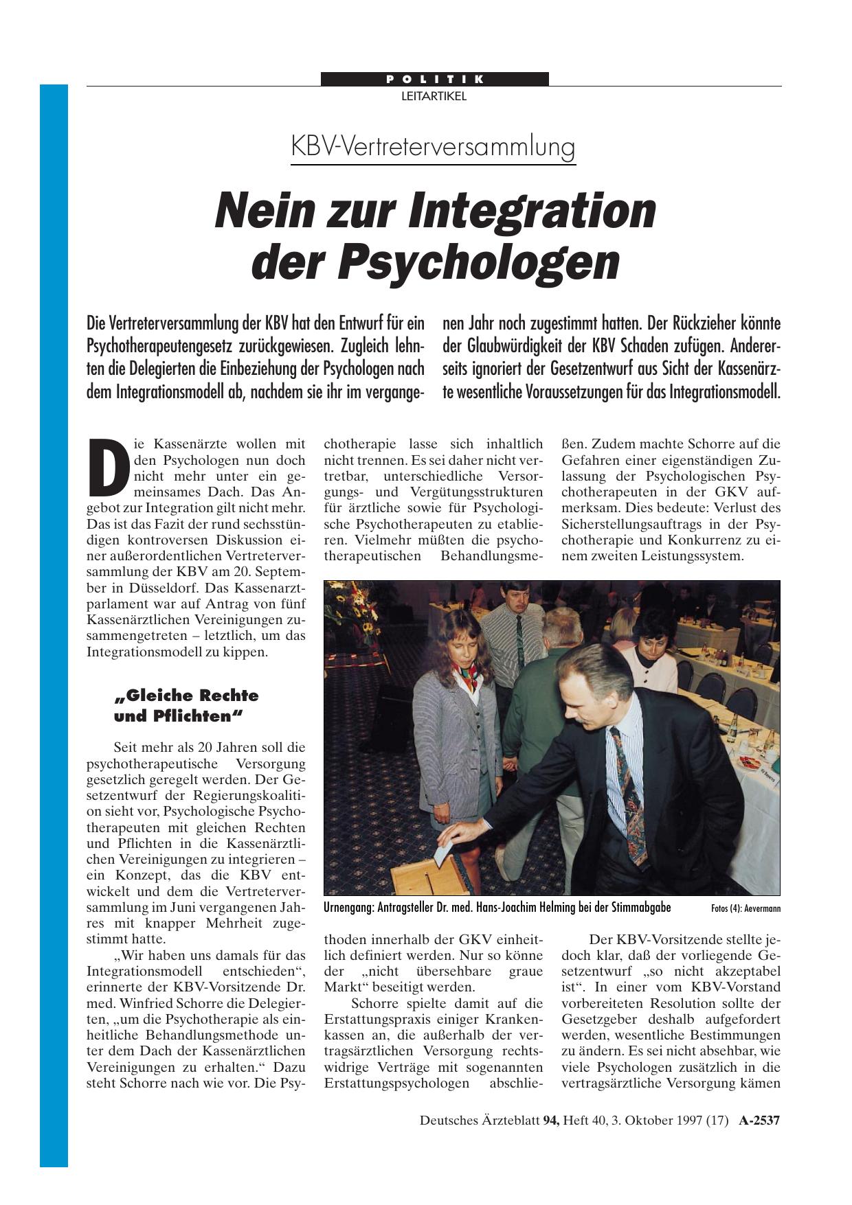 Vorschauseite 1: KBV-Vertreterversammlung: Nein zur Integration der Psychologen