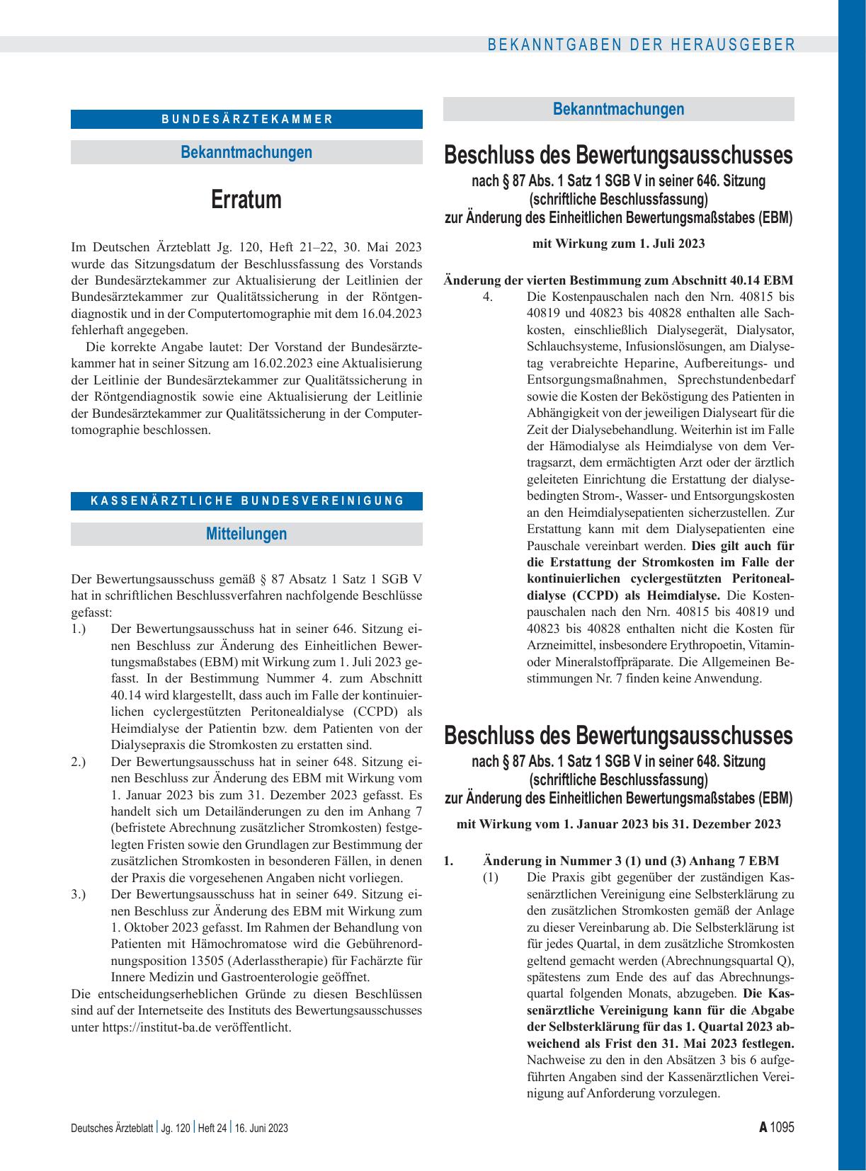 Vorschauseite 1: Beschluss des Bewertungsausschusses nach § 87 Abs. 1 Satz 1 SGB V in seiner 646. Sitzung (schriftliche Beschlussfassung) zur Änderung des Einheitlichen Bewertungsmaßstabes (EBM)