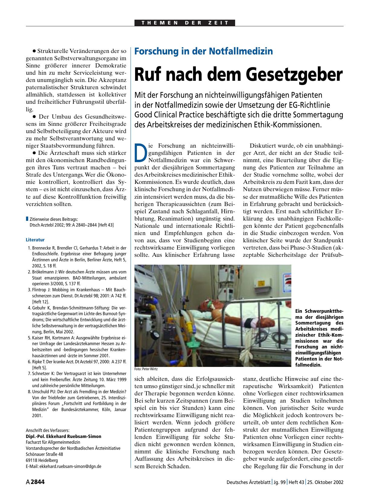 Vorschauseite 1: Forschung in der Notfallmedizin: Ruf nach dem Gesetzgeber