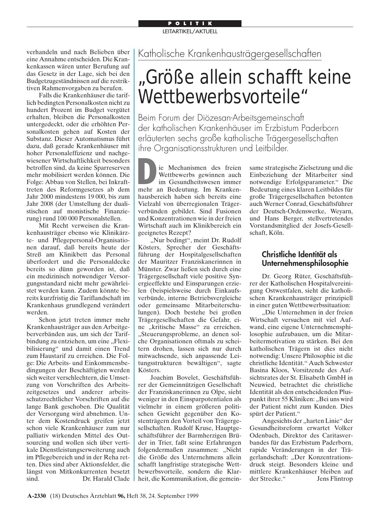 Vorschauseite 1: Katholische Krankenhausträgergesellschaften: „Größe allein schafft keine Wettbewerbsvorteile“