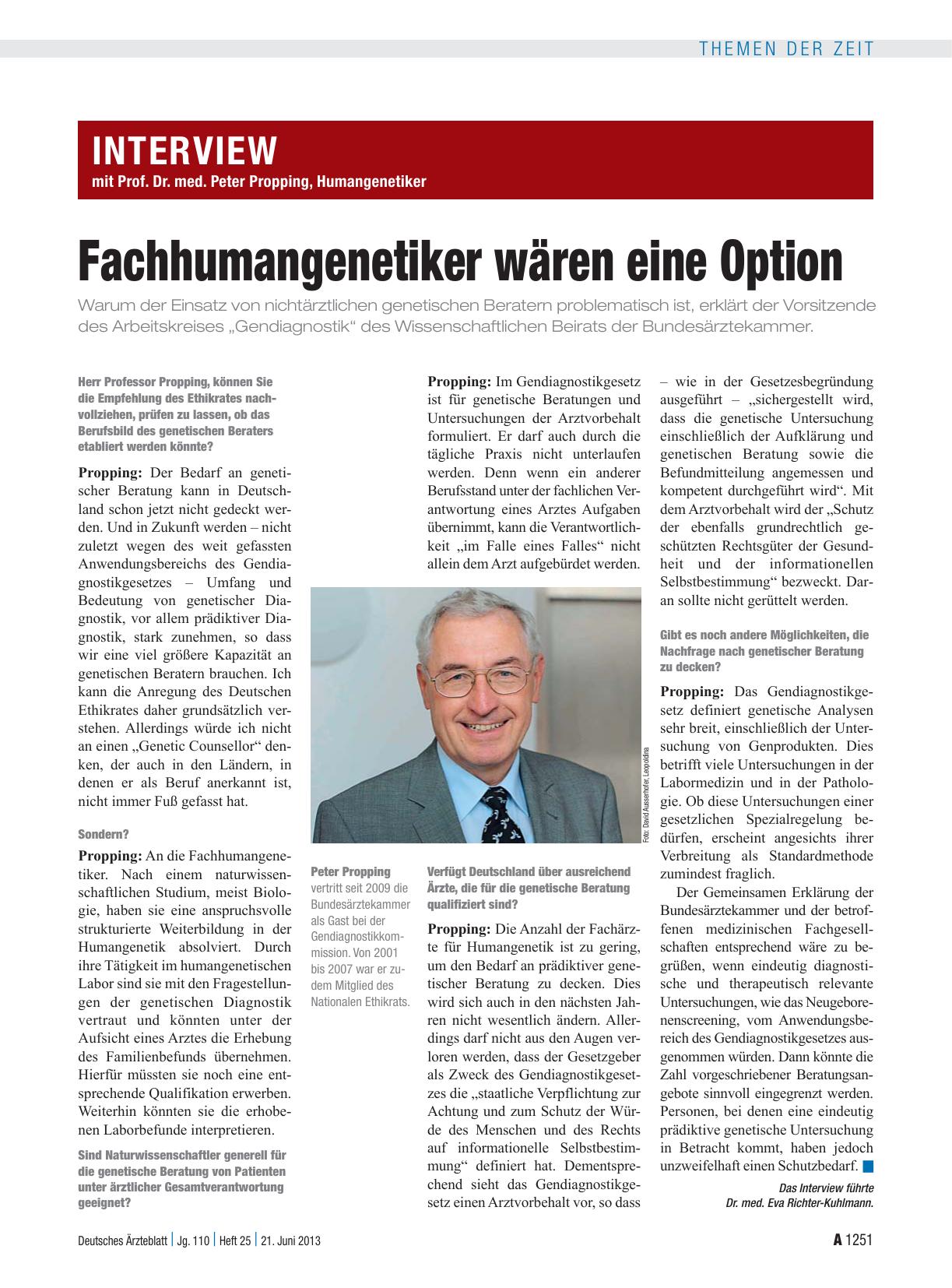 Vorschauseite 1: Interview mit Prof. Dr. med. Peter Propping, Humangenetiker: Fachhumangenetiker wären eine Option