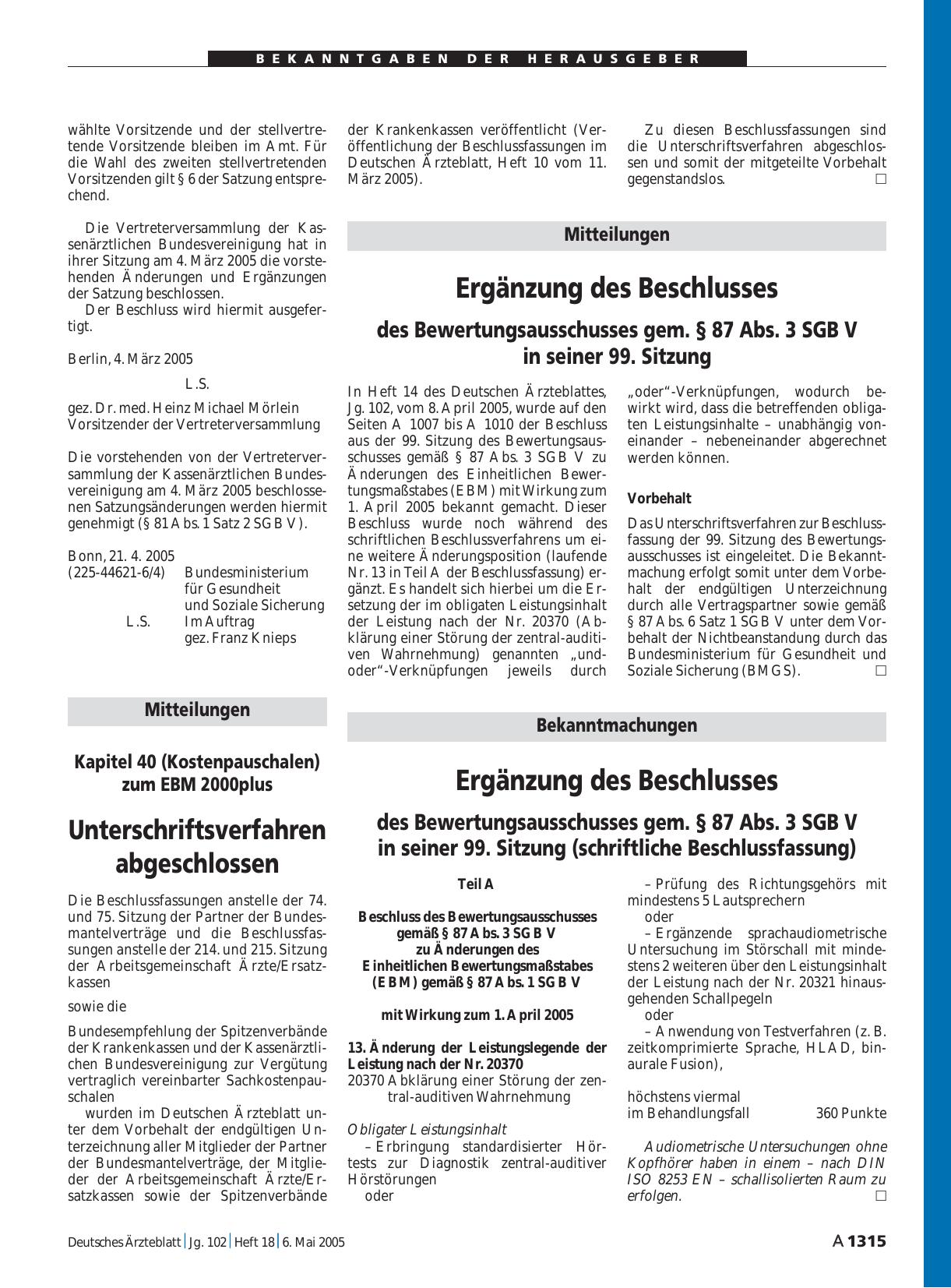 Vorschauseite 1: Mitteilungen: Ergänzung des Beschlusses des Bewertungsausschusses gem. § 87 Abs. 3 SGB V in seiner 99. Sitzung