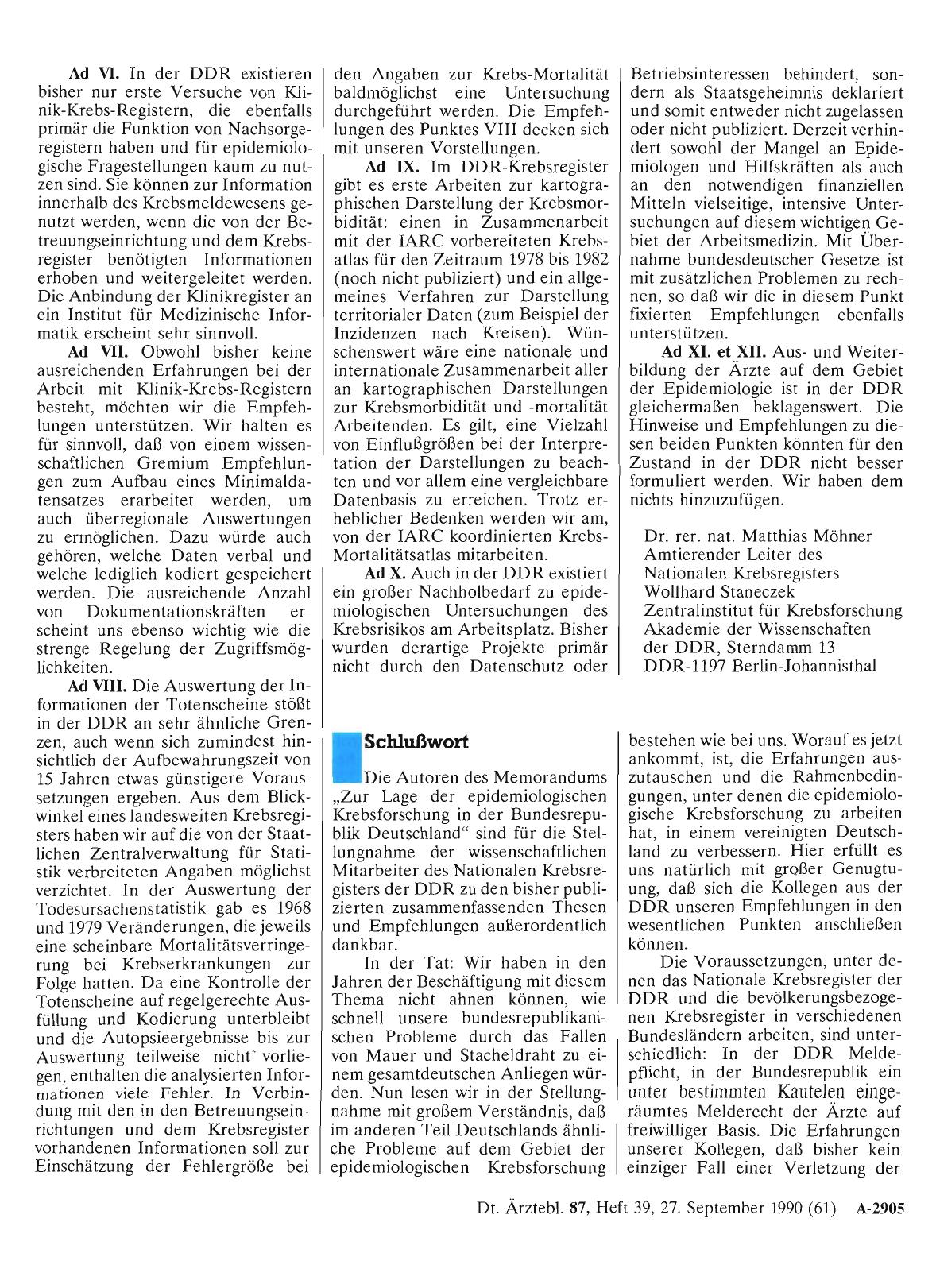 Vorschauseite 1: Memorandum zur Lage der epidemiologischen Krebsforschung in der Bundesrepublik Deutschland: Schlußwort