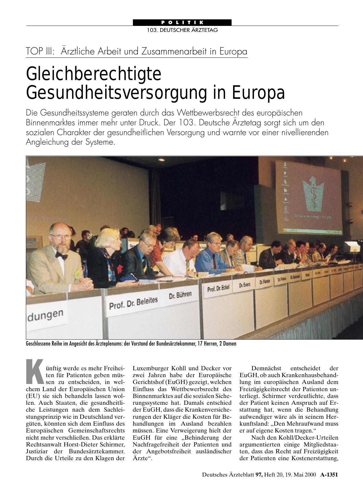 Vorschauseite 1: TOP III: Ärztliche Arbeit und Zusammenarbeit in Europa: Gleichberechtigte Gesundheitsversorgung in Europa