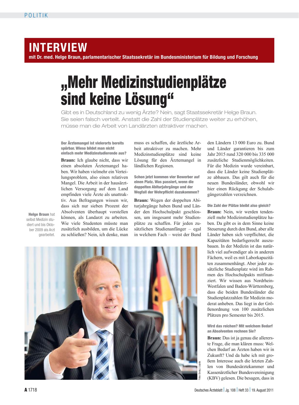 Vorschauseite 1: Interview mit Dr. med. Helge Braun, parlamentarischer Staatssekretär im Bundesministerium für Bildung und Forschung: „Mehr Medizinstudienplätze sind keine Lösung“