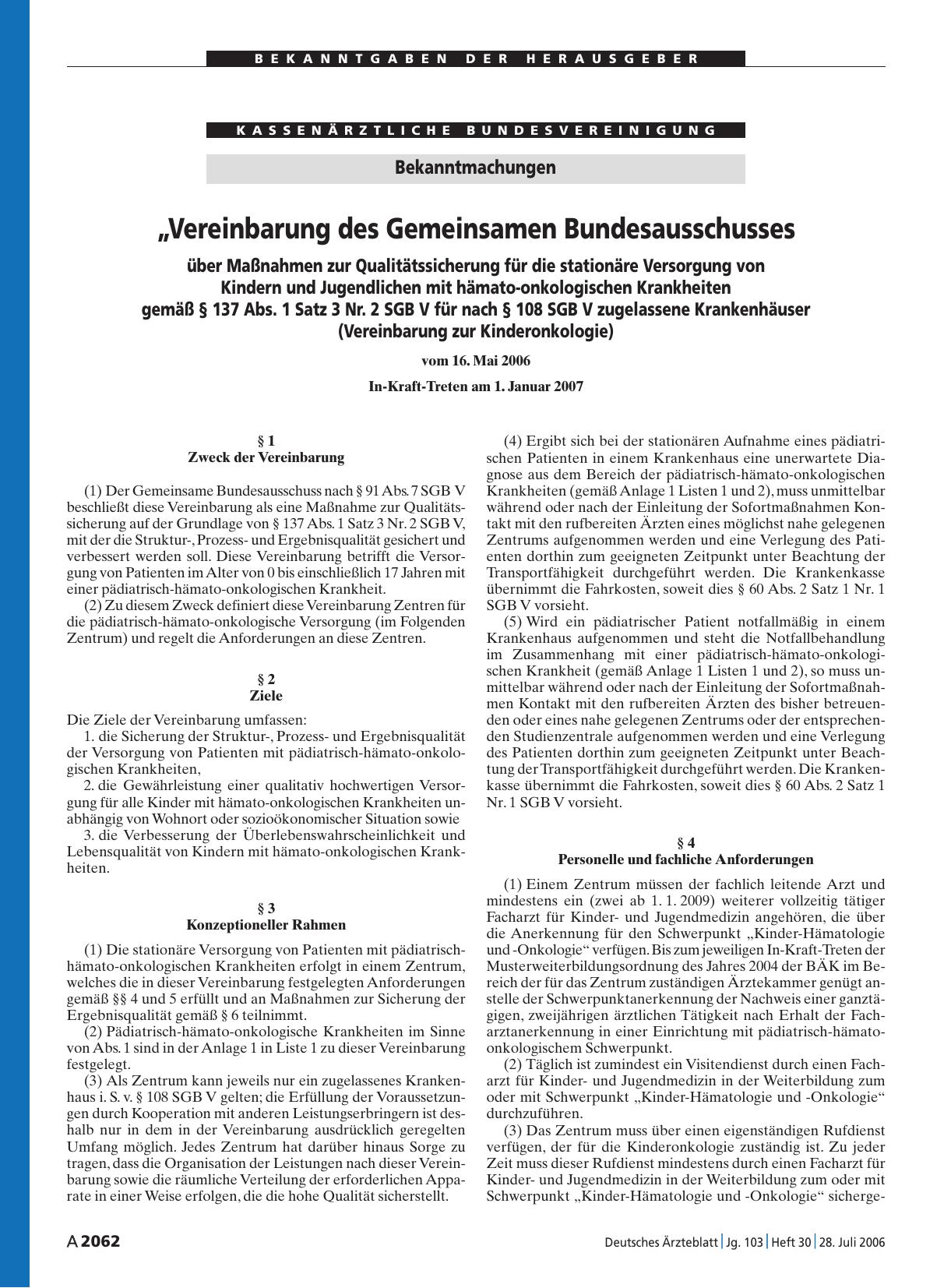 Vorschauseite 1: „Vereinbarung des Gemeinsamen Bundesausschusses über Maßnahmen zur Qualitätssicherung für die stationäre Versorgung von Kindern und Jugendlichen mit hämato-onkologischen Krankheit…