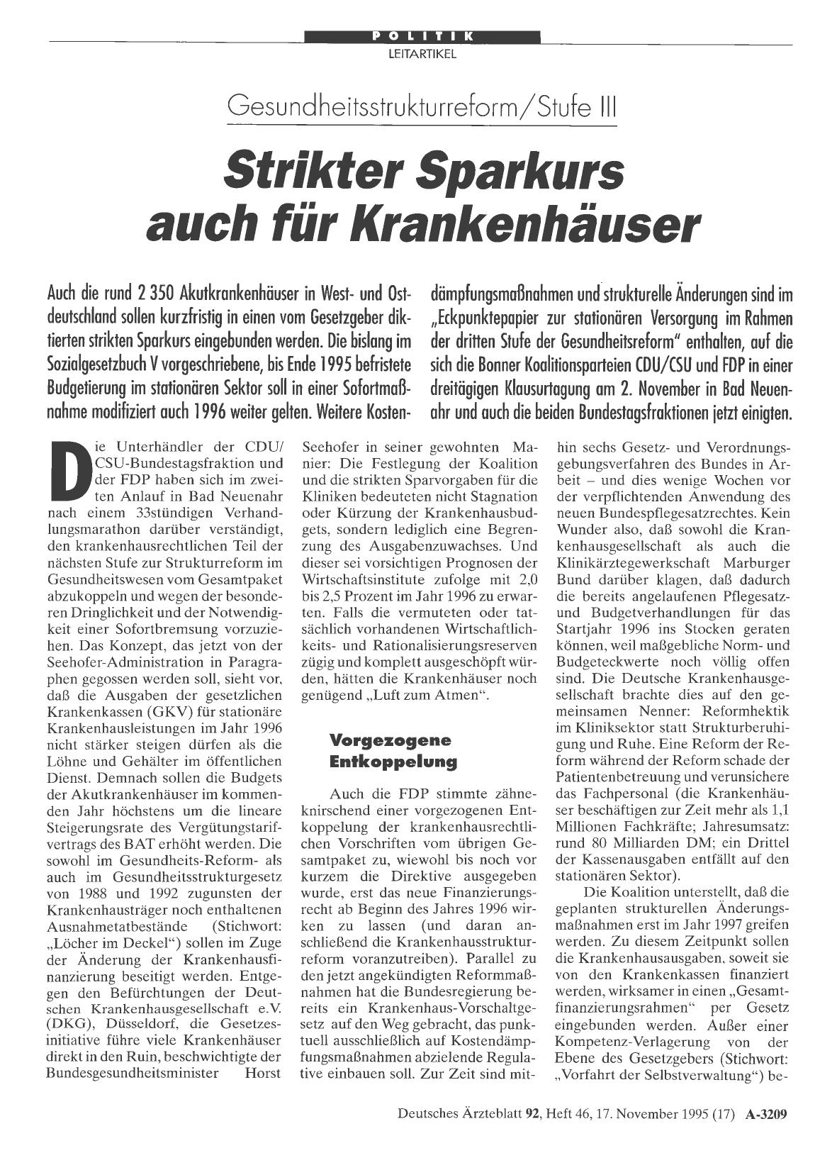 Vorschauseite 1: Gesundheitsstrukturreform/Stufe III: Strikter Sparkurs auch für Krankenhäuser