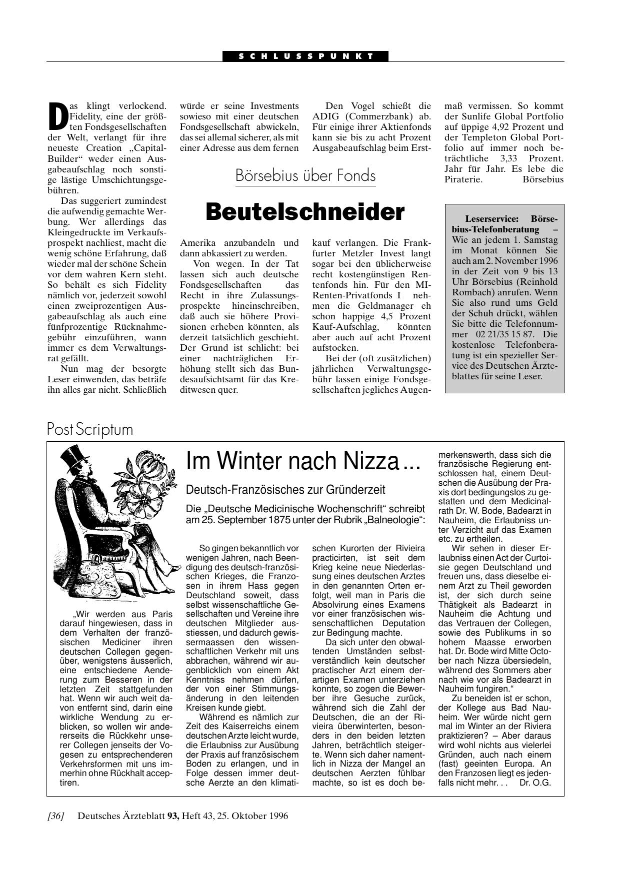 Vorschauseite 1: Leserservice: Börsebius-Telefonberatung