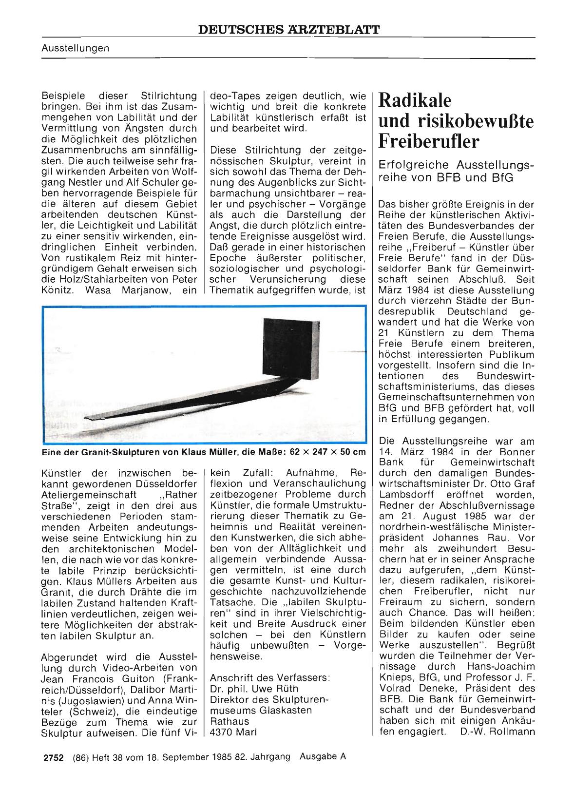 Vorschauseite 1: AUSSTELLUNGEN: Radikale und risikobewußte Freiberufler - Erfolgreiche Ausstellungsreihe von BFB und BfG