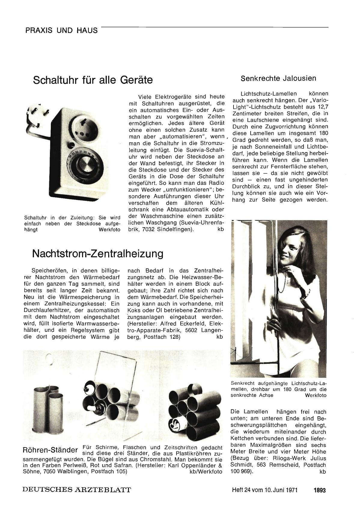 Vorschauseite 1: Schaltuhr für alle Geräte / Nachtstrom-Zentralheizung / Röhren-Ständer / Senkrechte Jalousien