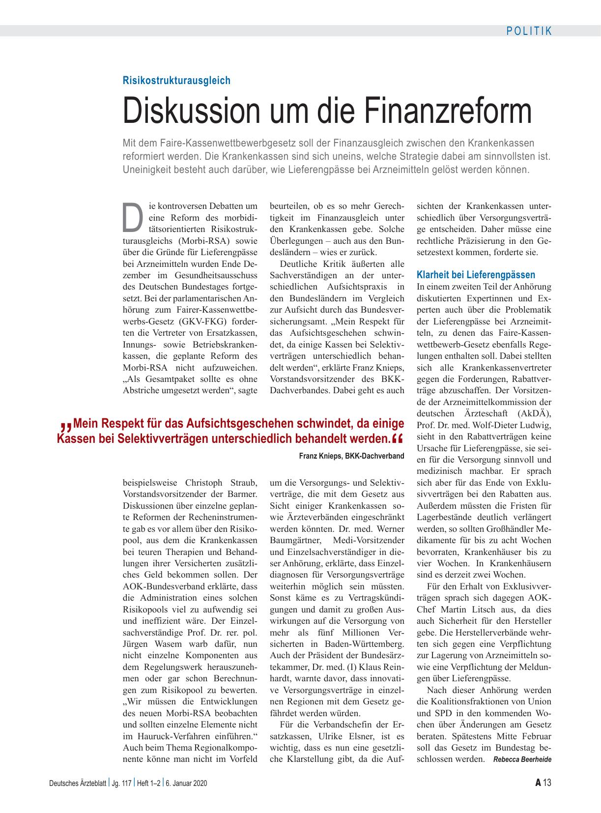 Vorschauseite 1: Risikostrukturausgleich: Diskussion um die Finanzreform
